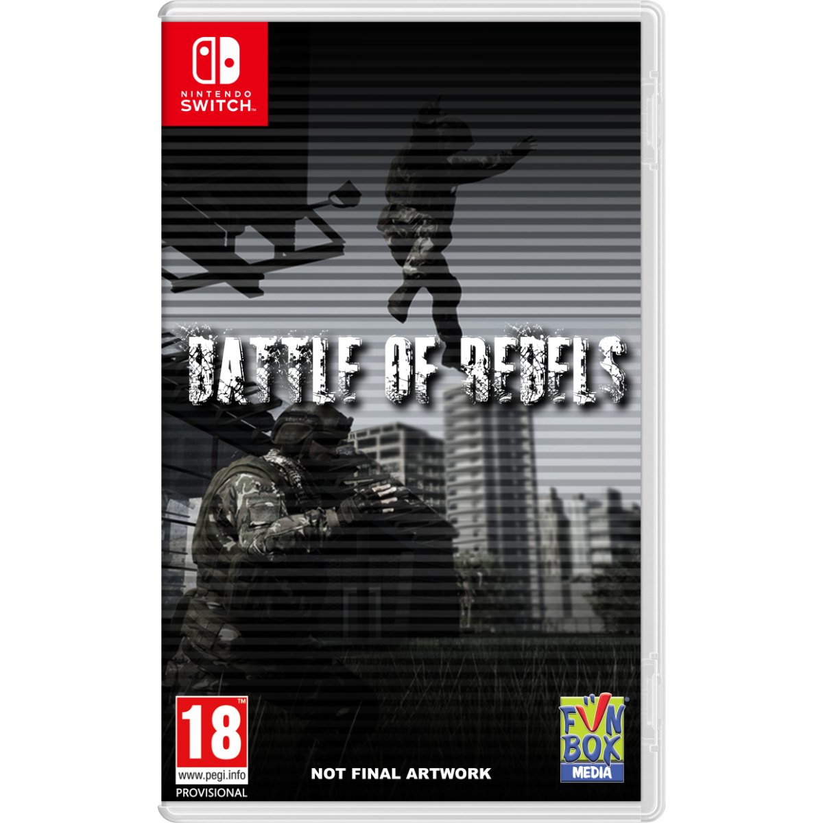 Caja de juego Nintendo Switch. Arte de portada muestra soldados y 'Battle of Rebels'.