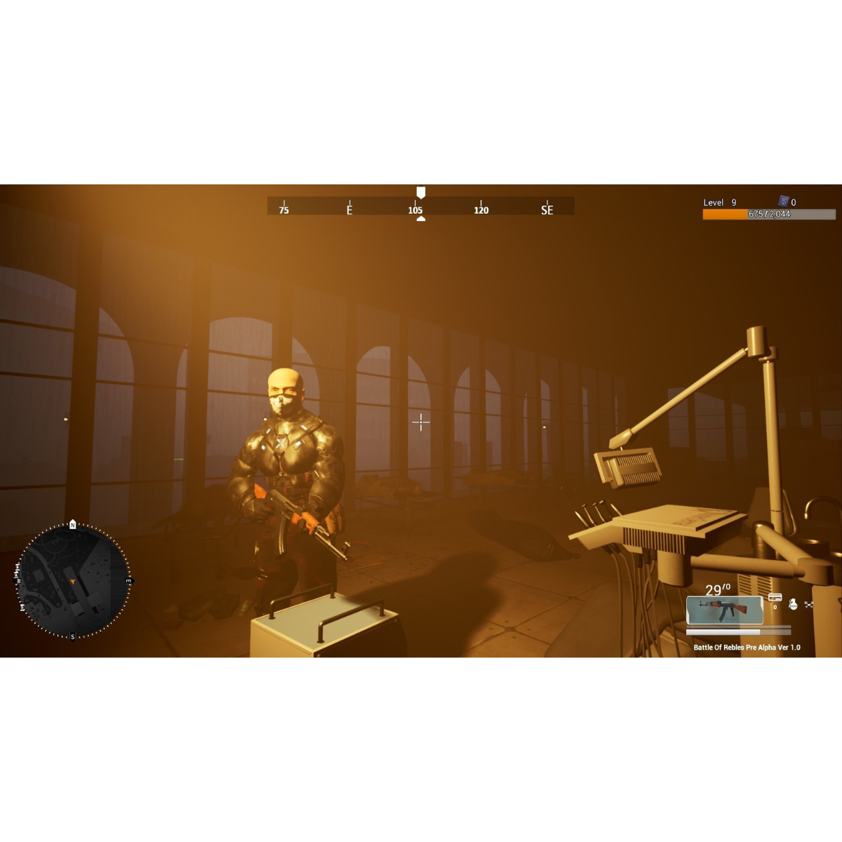 Una captura de pantalla de videojuego con un personaje sosteniendo un arma en una habitación naranja.