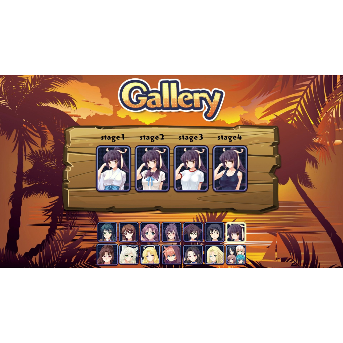 Una pantalla de galería con chicas anime. Etapas 1-4, con miniaturas de los personajes.