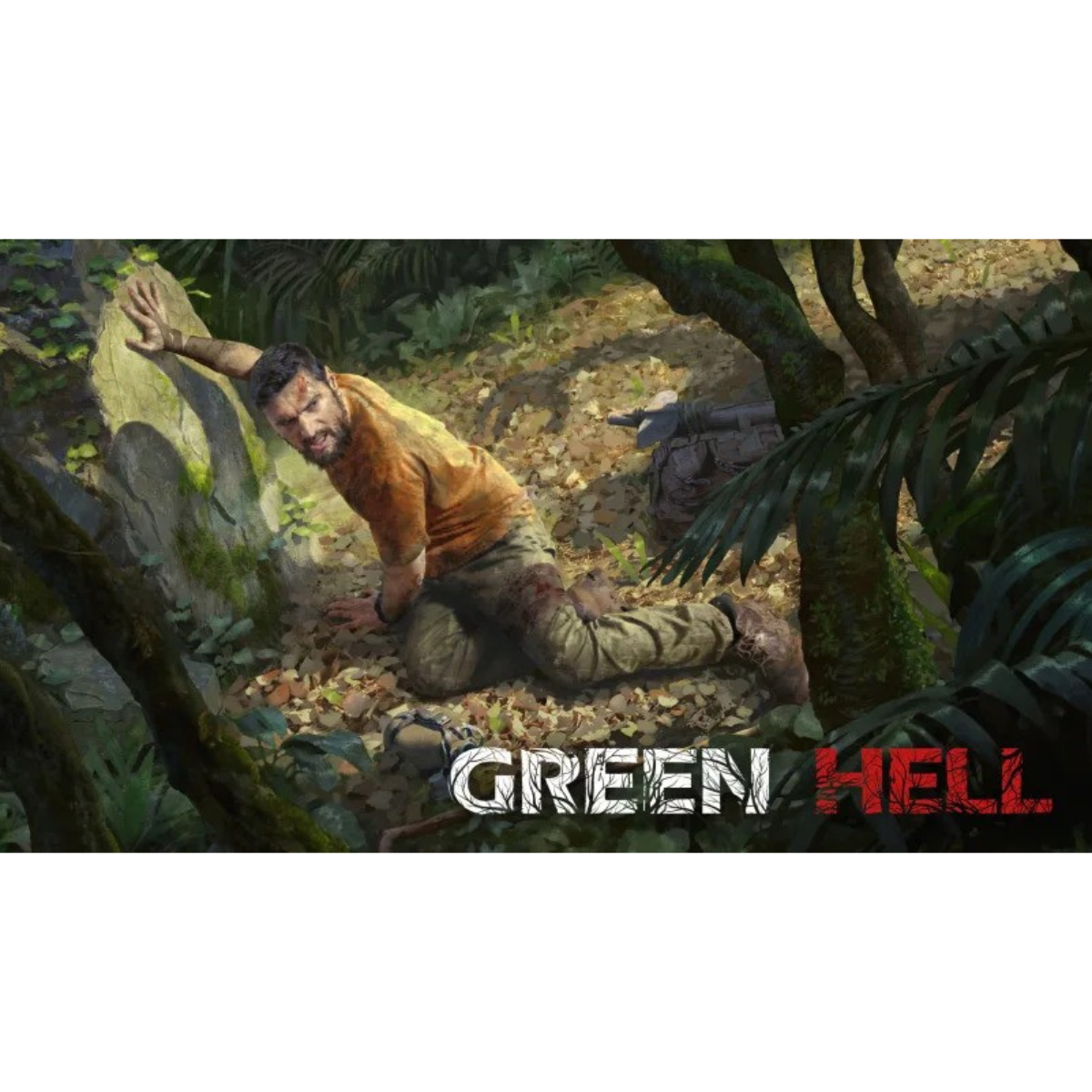 Obraz na okładce gry przedstawiający mężczyznę w dżungli, wyciągającego rękę, ze słowami 'GREEN HELL'.