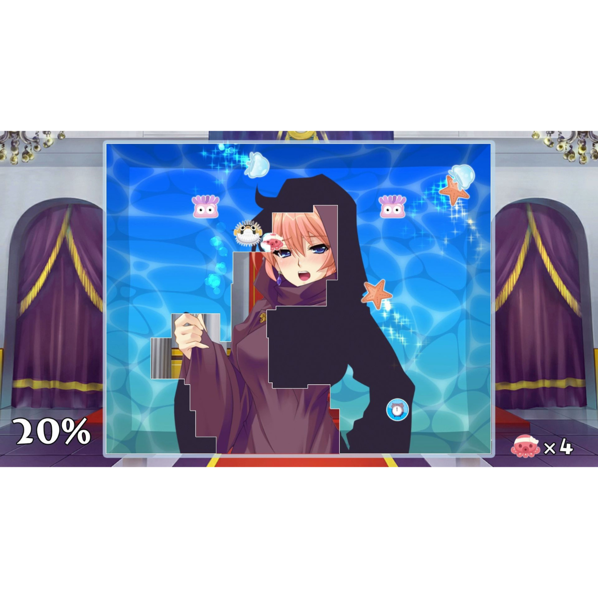 Juego de rompecabezas estilo anime con una chica con túnica negra. Elementos del juego: estrellas, medusas y criaturas marinas.