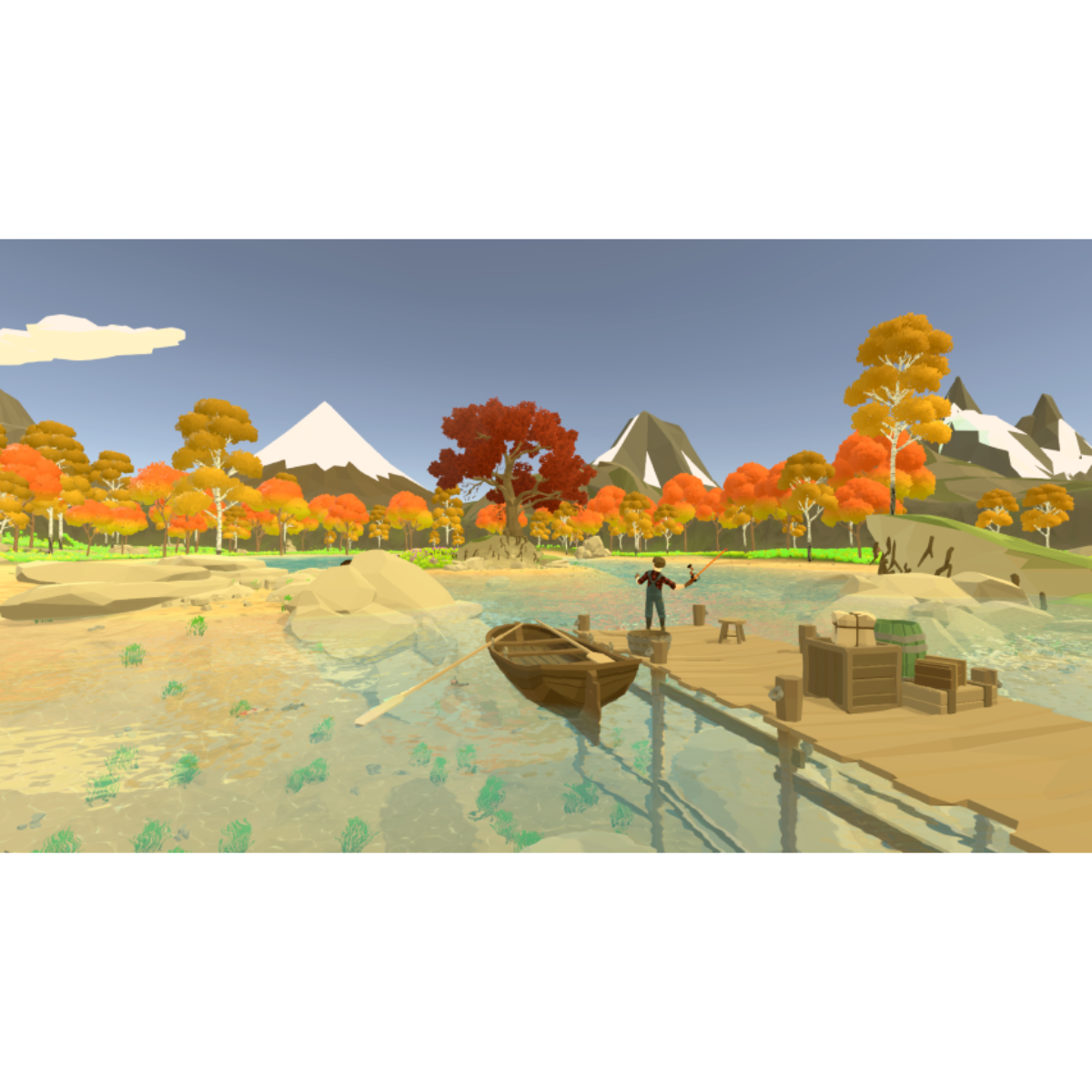 Scena low-poly di un molo con barca, persona che pesca e alberi dai colori autunnali.