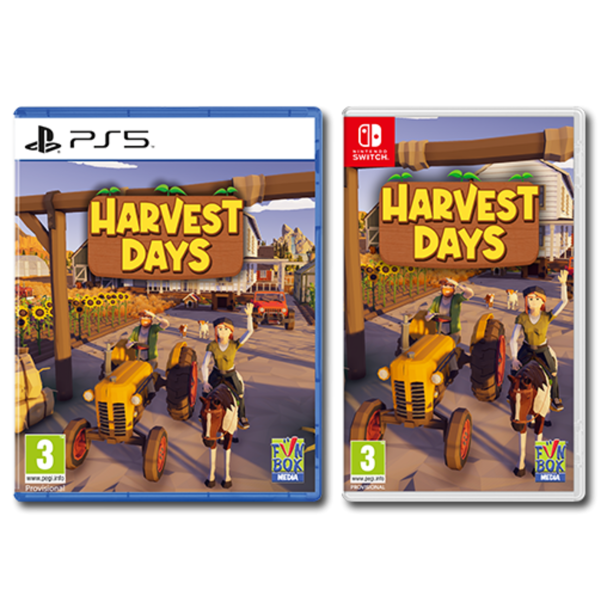 Custodie del gioco Harvest Days per PS5 e Nintendo Switch, con scene di fattoria.