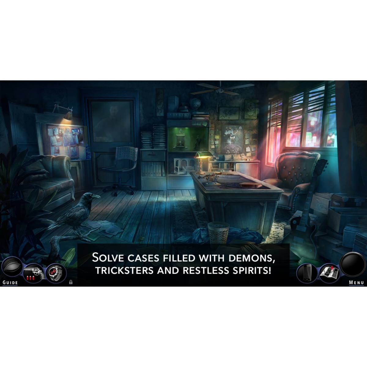 Ciemny pokój z krukiem, biurkiem i tekstem: 'Rozwiązuj sprawy pełne demonów, oszustów i niespokojnych duchów!'