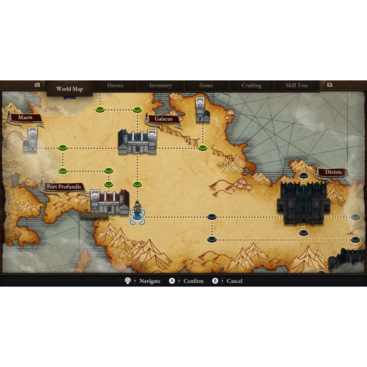 Interfaccia di un videogioco: mappa del mondo con icone, tra cui città e posizione del personaggio.