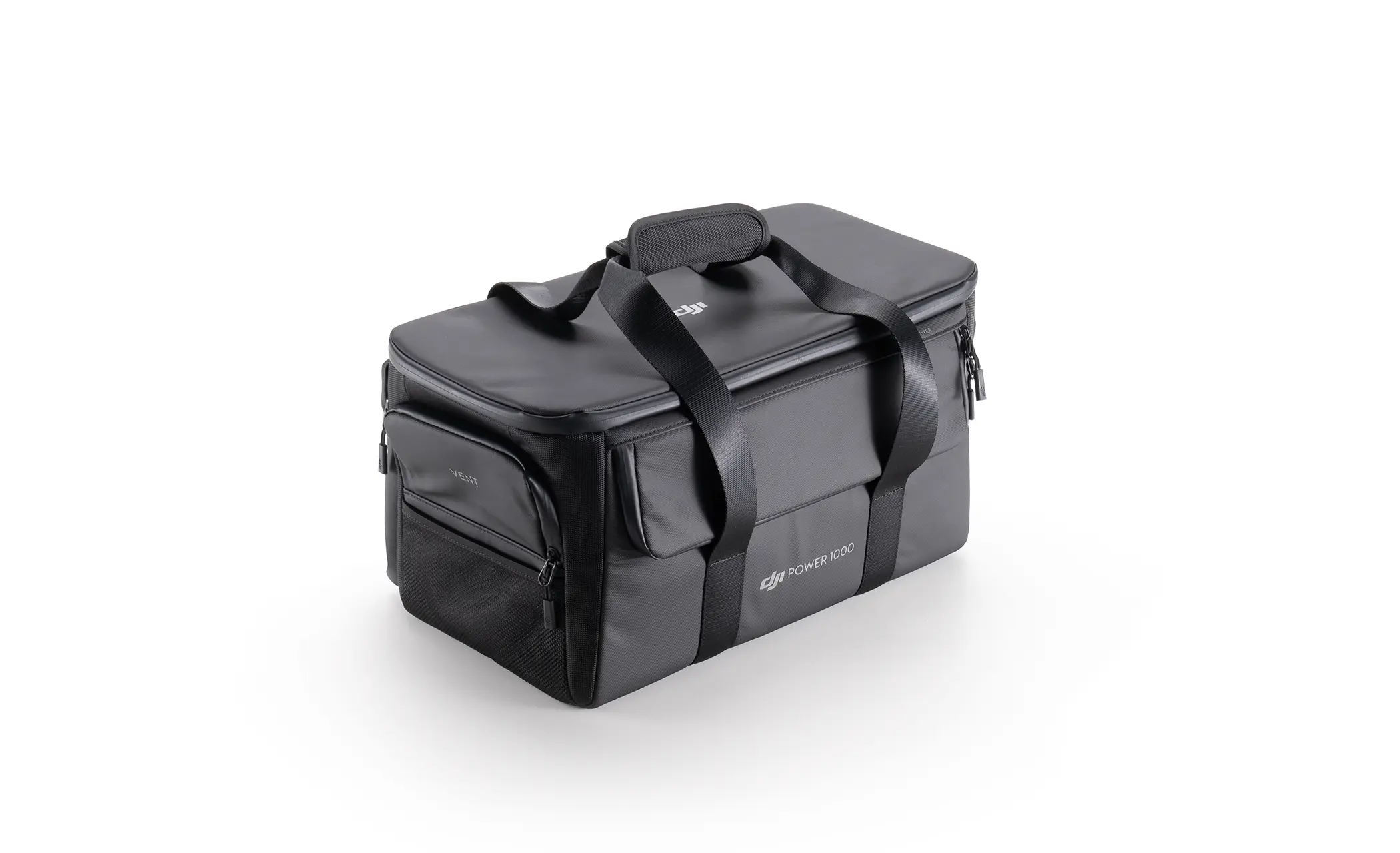 Borsa rettangolare nera con manico. Ha un logo DJI Power 200.