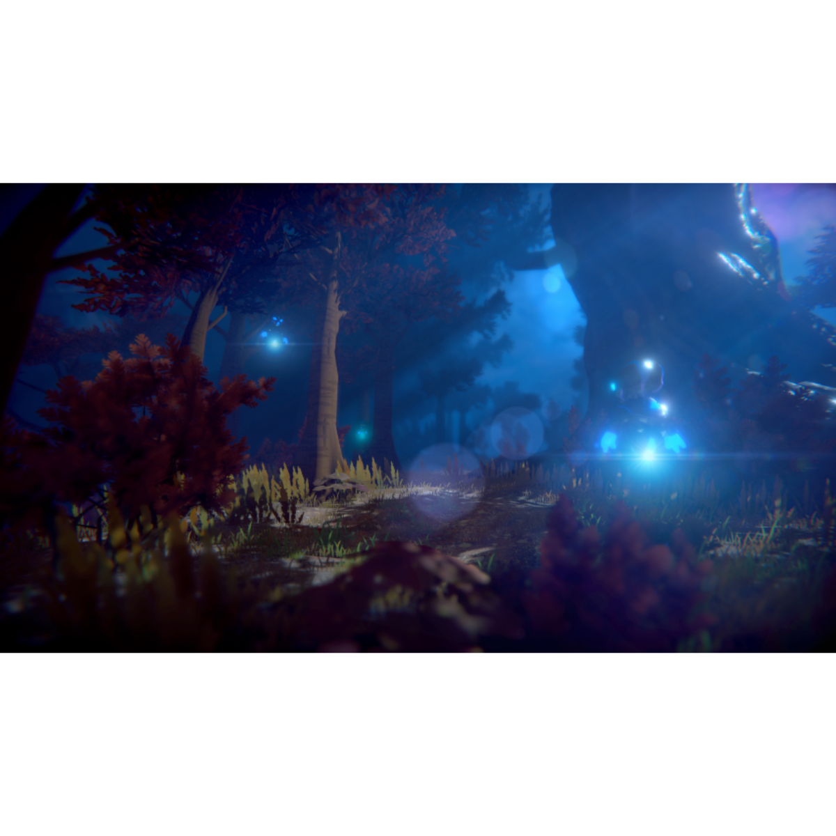 Una escena de bosque con un camino. Los árboles están en el medio, con orbes azules brillantes.