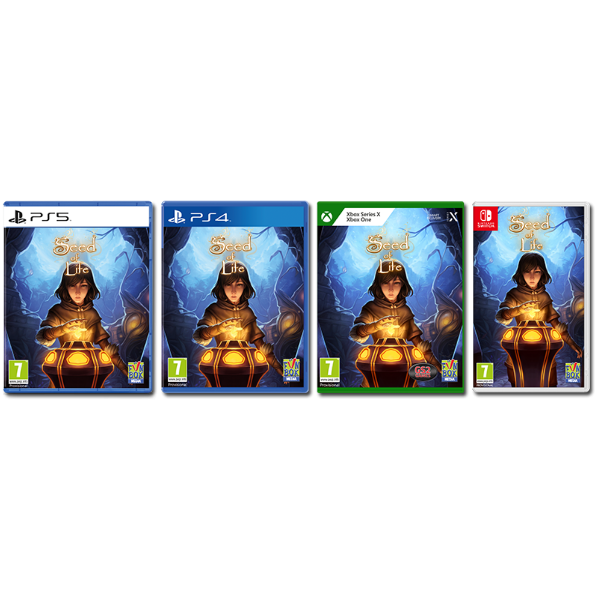 Cuatro cajas de videojuegos, cada una con un esquema de color azul, verde y rojo, con el título del juego.