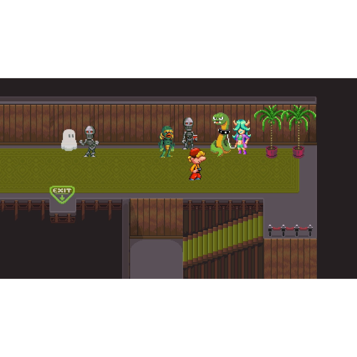 Scena di videogioco pixelata con più personaggi in un corridoio, uscita visibile.