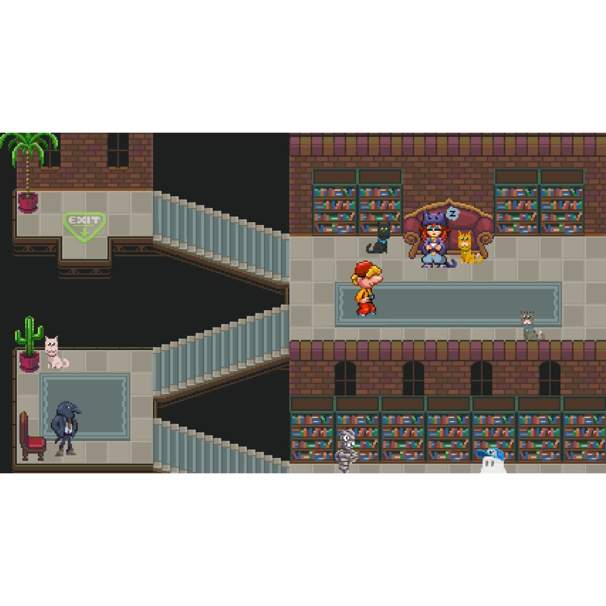Scena di gioco pixelata. Personaggi in un edificio, vano scale e uscita. Gatti e mobili visibili.