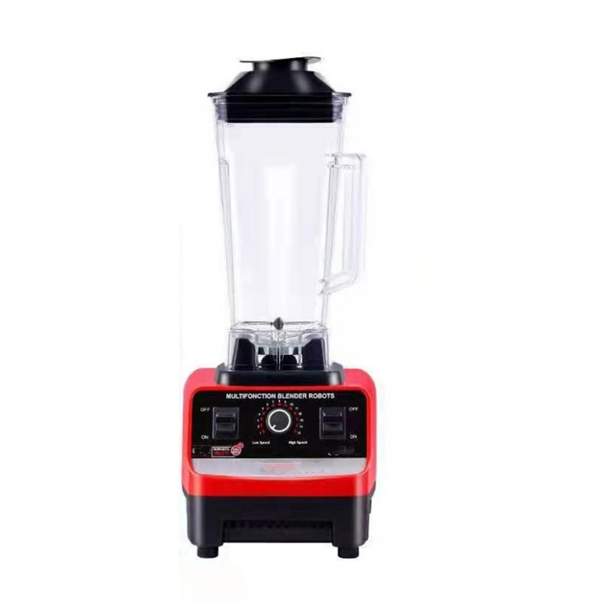 Roter und schwarzer Mixer auf weißem Hintergrund. Der Mixer hat einen transparenten Behälter.