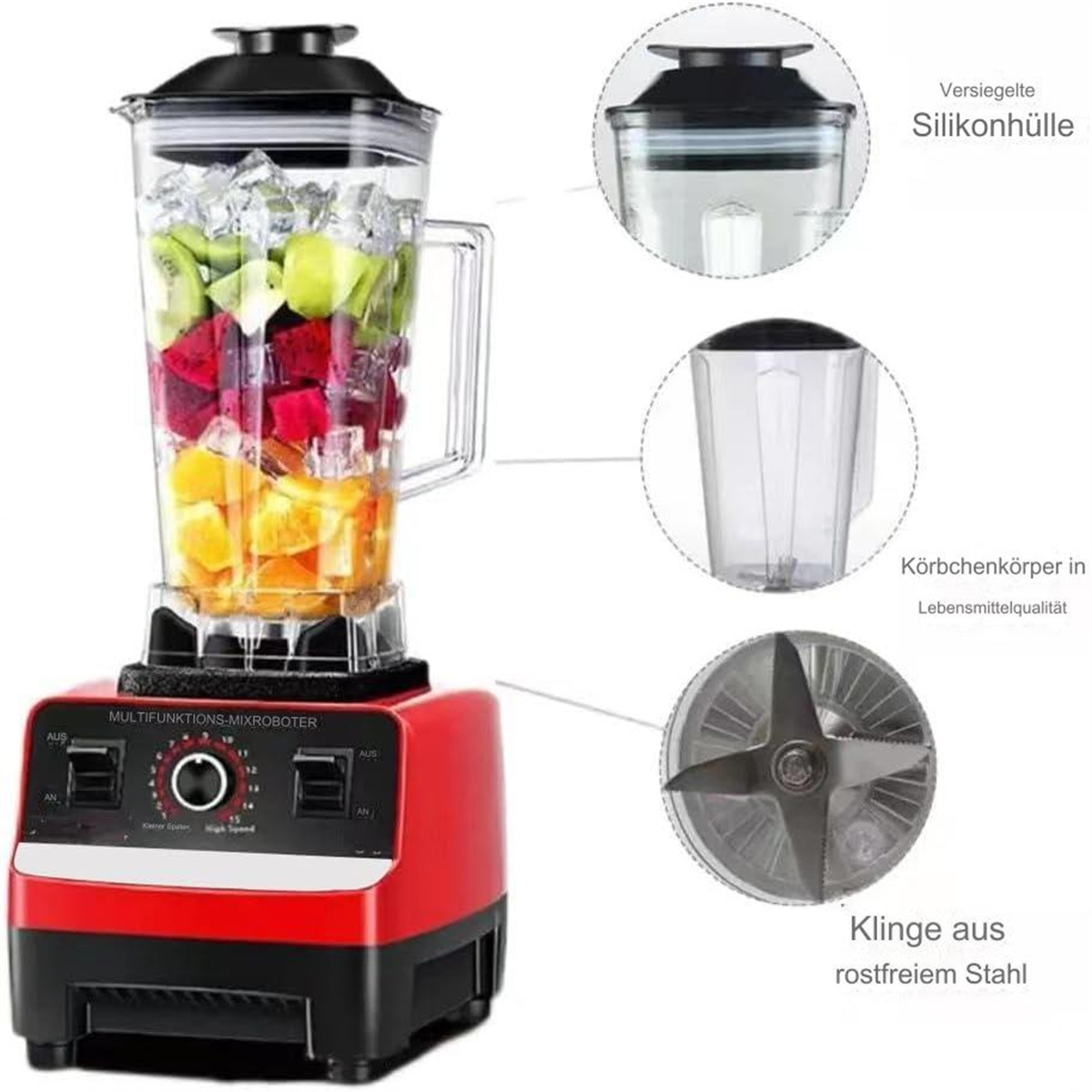 Mixer mit Früchten und Eis, roter Sockel. Deckel, leeres Glas und Klinge.