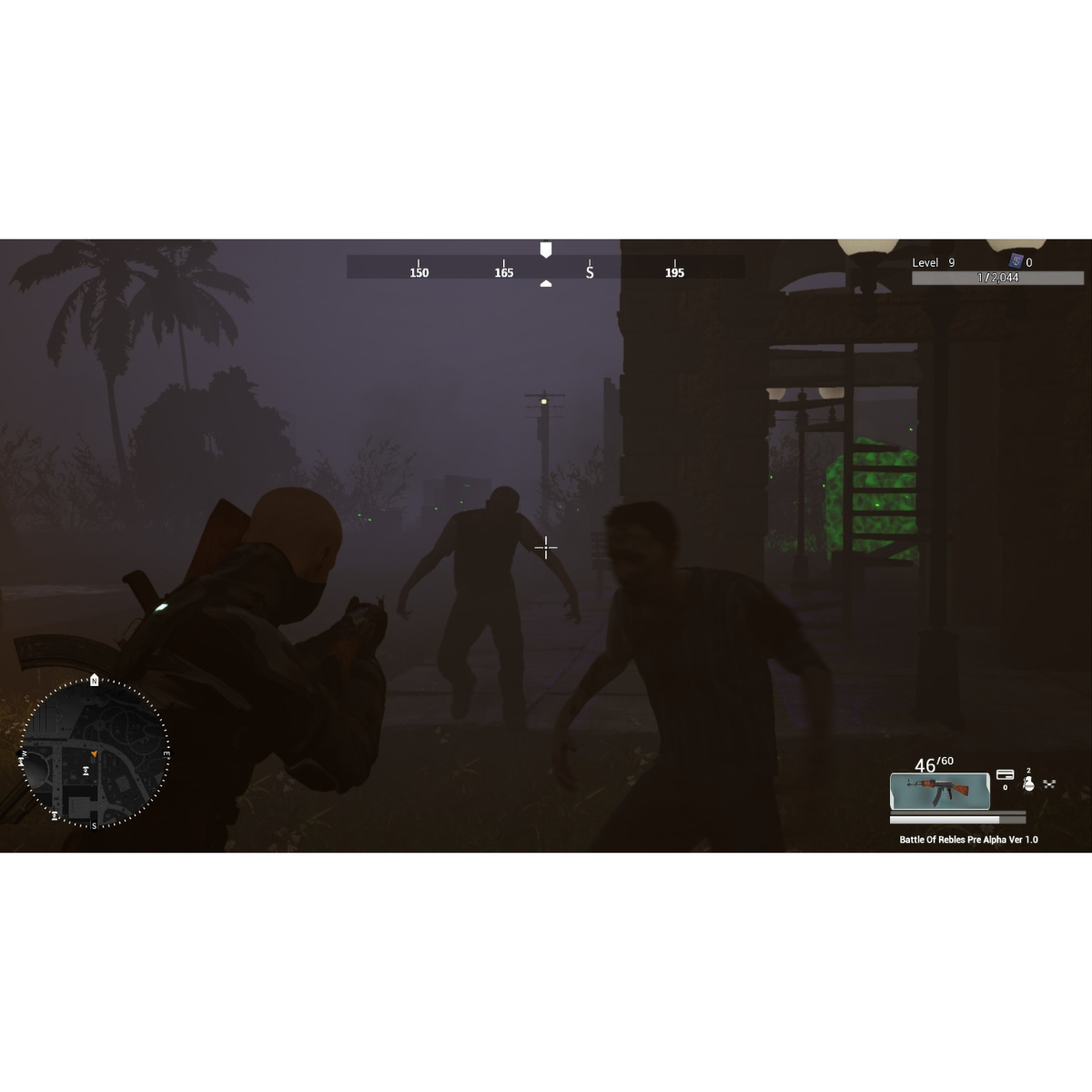 Una escena nocturna de un juego con zombis y un jugador apuntando un arma.