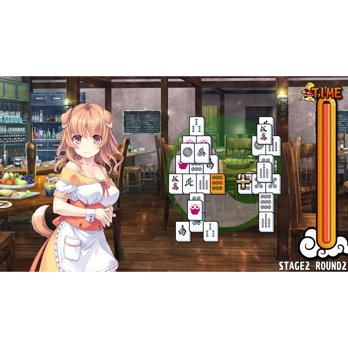 Ragazza anime in un ristorante che gioca a Mahjong. Tessere Mahjong a destra. Barra del tempo a destra.