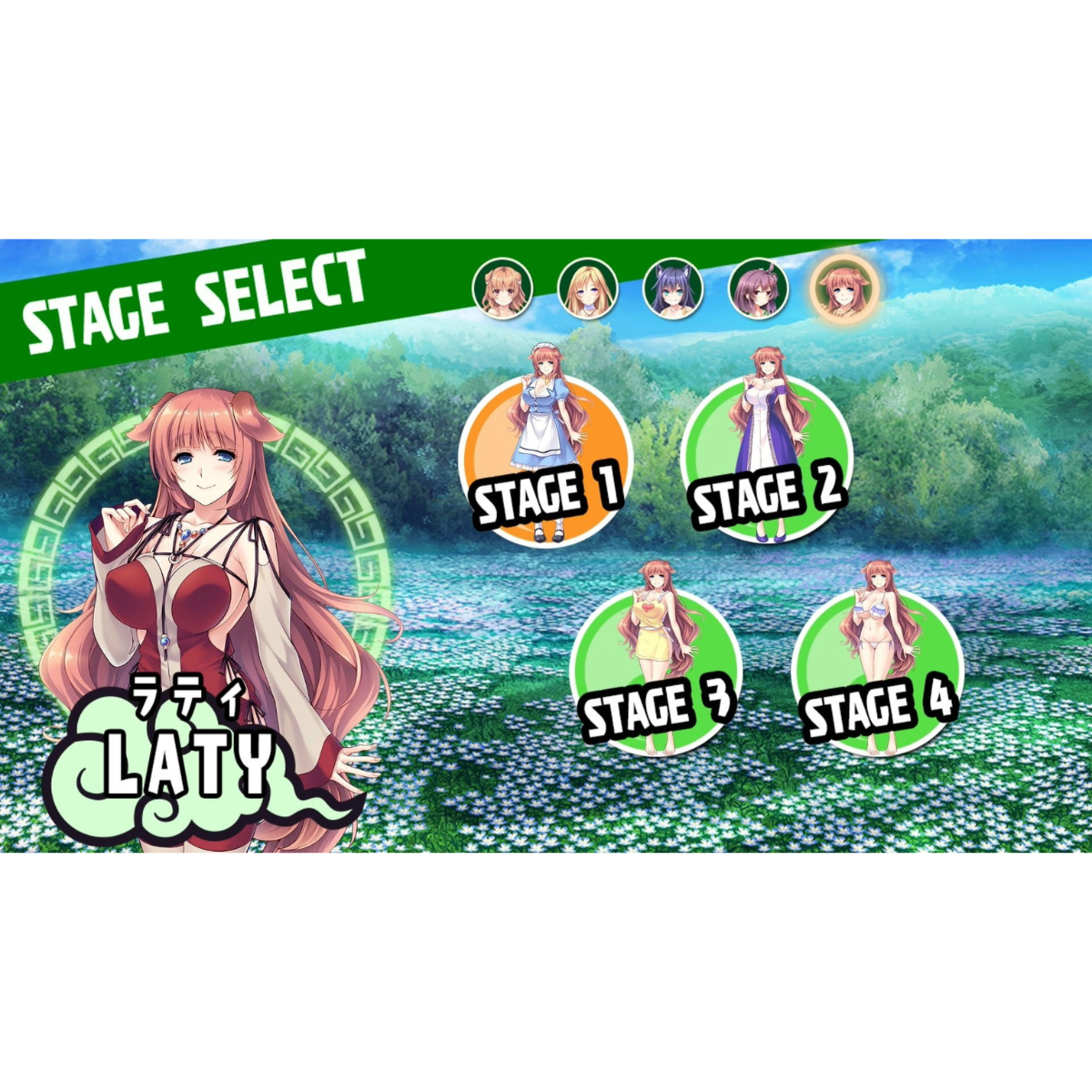 Interfaccia di gioco. Schermata di selezione livello con ragazze anime e numeri 1-4.