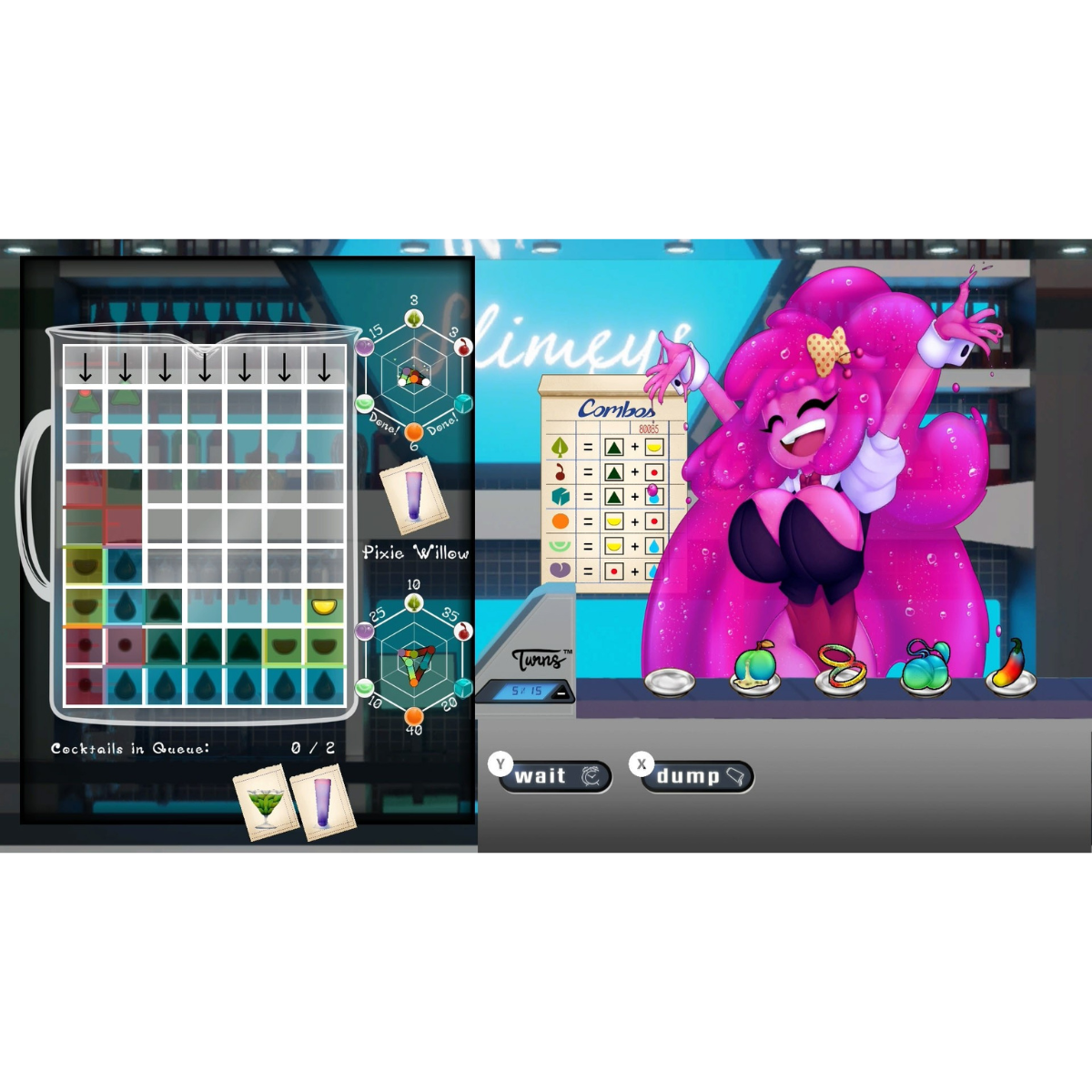 Schermo di gioco con personaggio rosa, interfaccia di gioco di preparazione cocktail e griglia di forme.