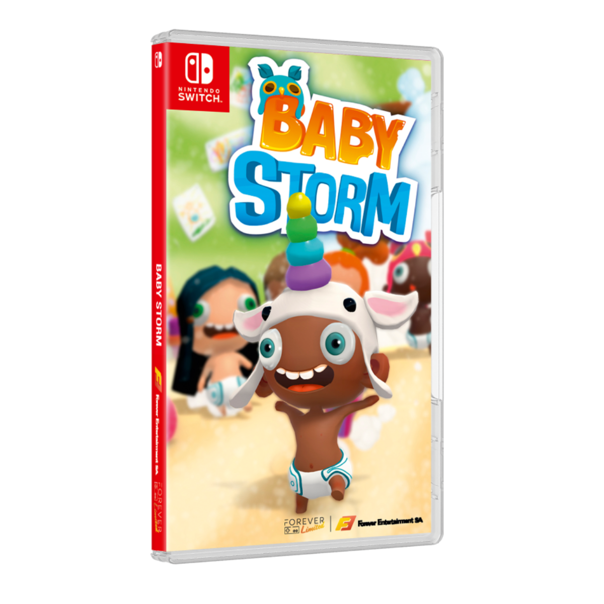 Caja de juego: Baby Storm, con un bebé de dibujos animados con un gorro de unicornio. Logo Nintendo Switch.