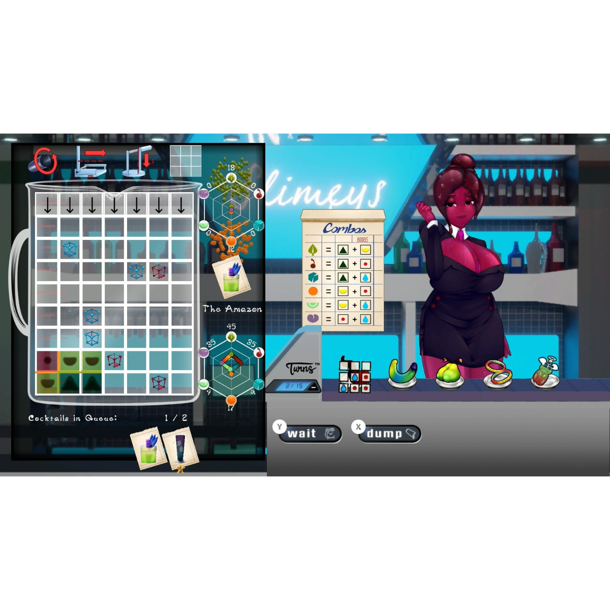 Un'interfaccia di gioco con una barista. Un gioco di cocktail a sinistra, un menu a destra.