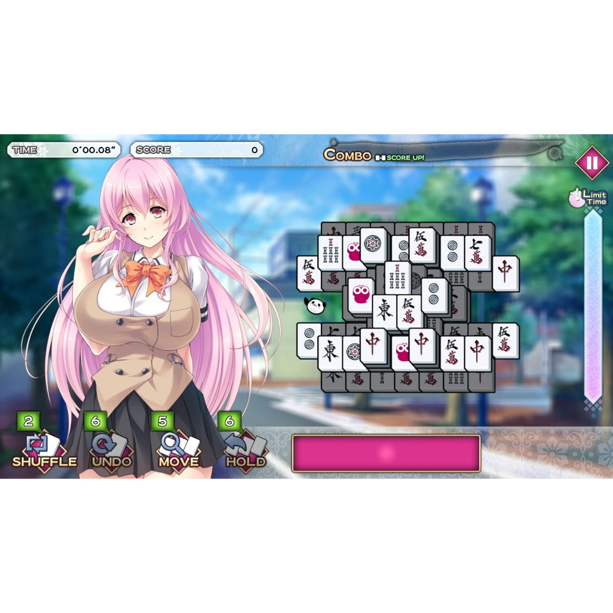 Una pantalla de juego con una chica, fichas de Mahjong y elementos de interfaz.