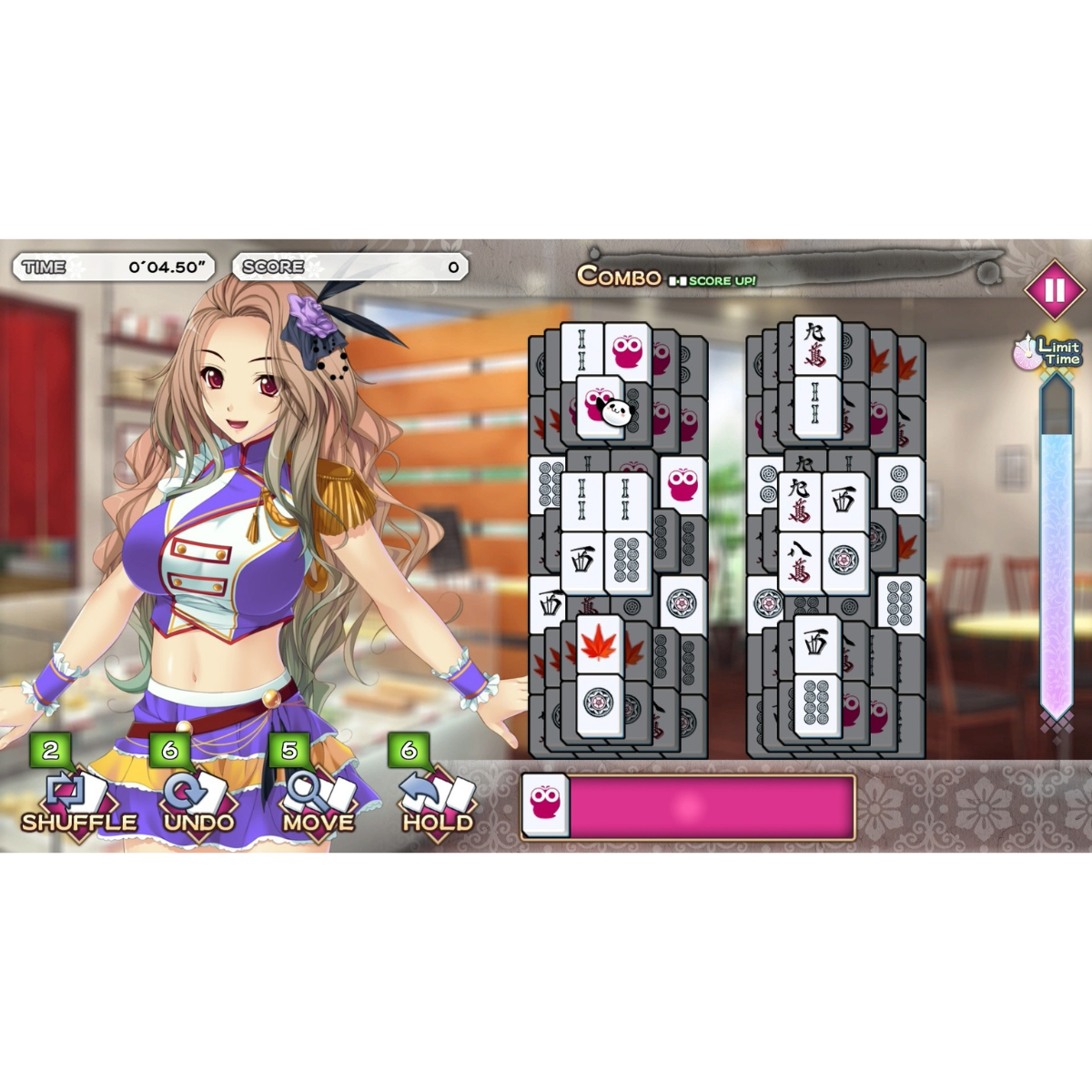 Interfaz de juego estilo anime con mujer y fichas de Mahjong. Fondo blanco.