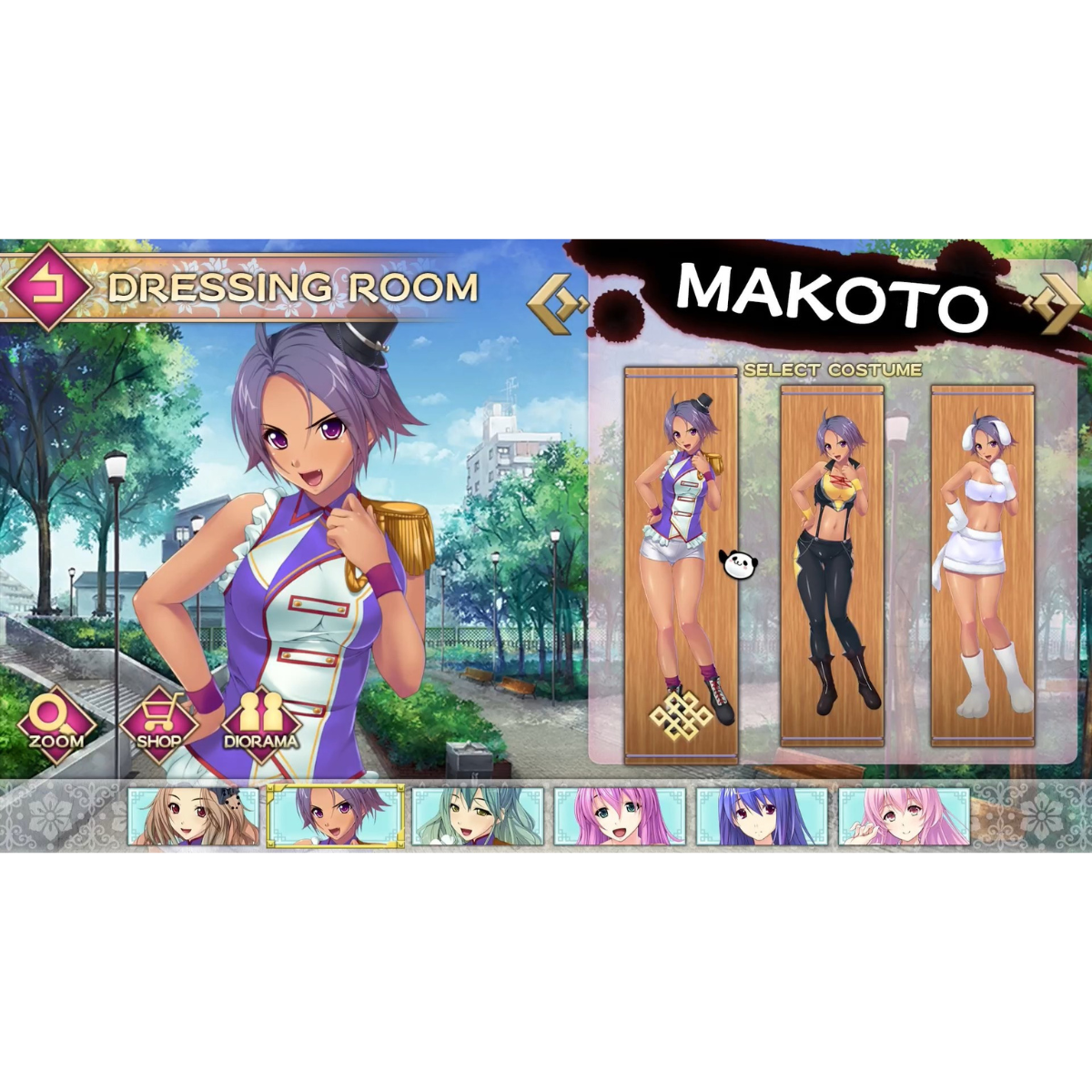 Interfaz de juego: personaje de anime en vestuario, con opciones de vestuario.