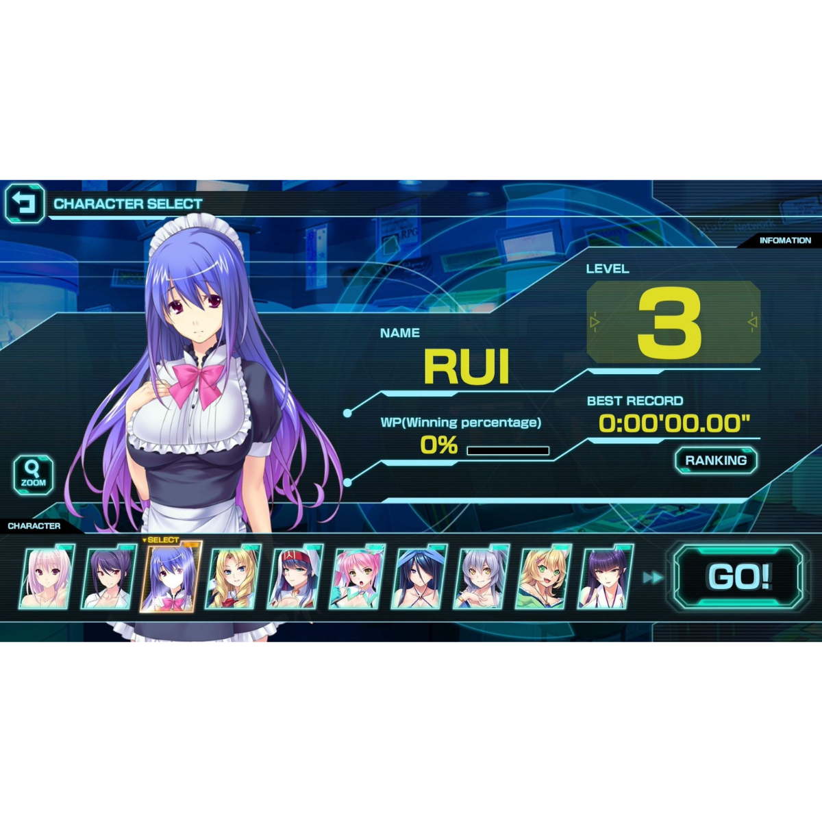 Una pantalla de juego de anime japonés que muestra un menú de selección de personajes con una mujer.