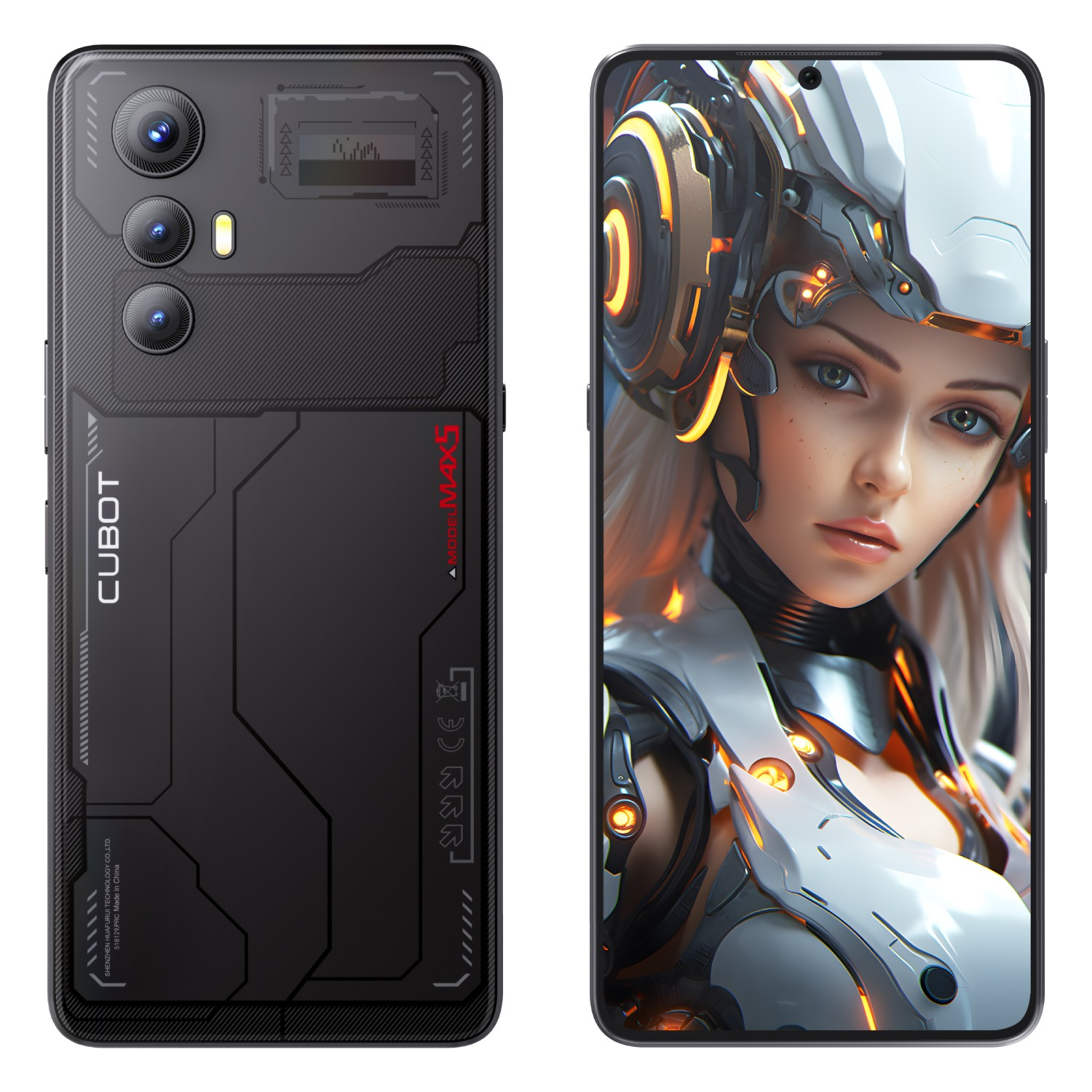 Smartfon z przodu i z tyłu. Czarny telefon z potrójnym aparatem, futurystyczny design, grafika kobiety na ekranie.