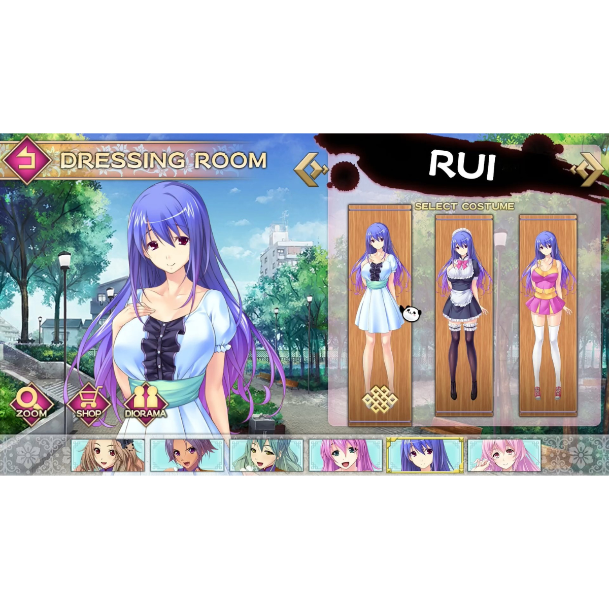 Pantalla de juego de anime con menú de selección de personajes. Se muestran diferentes opciones de atuendo.