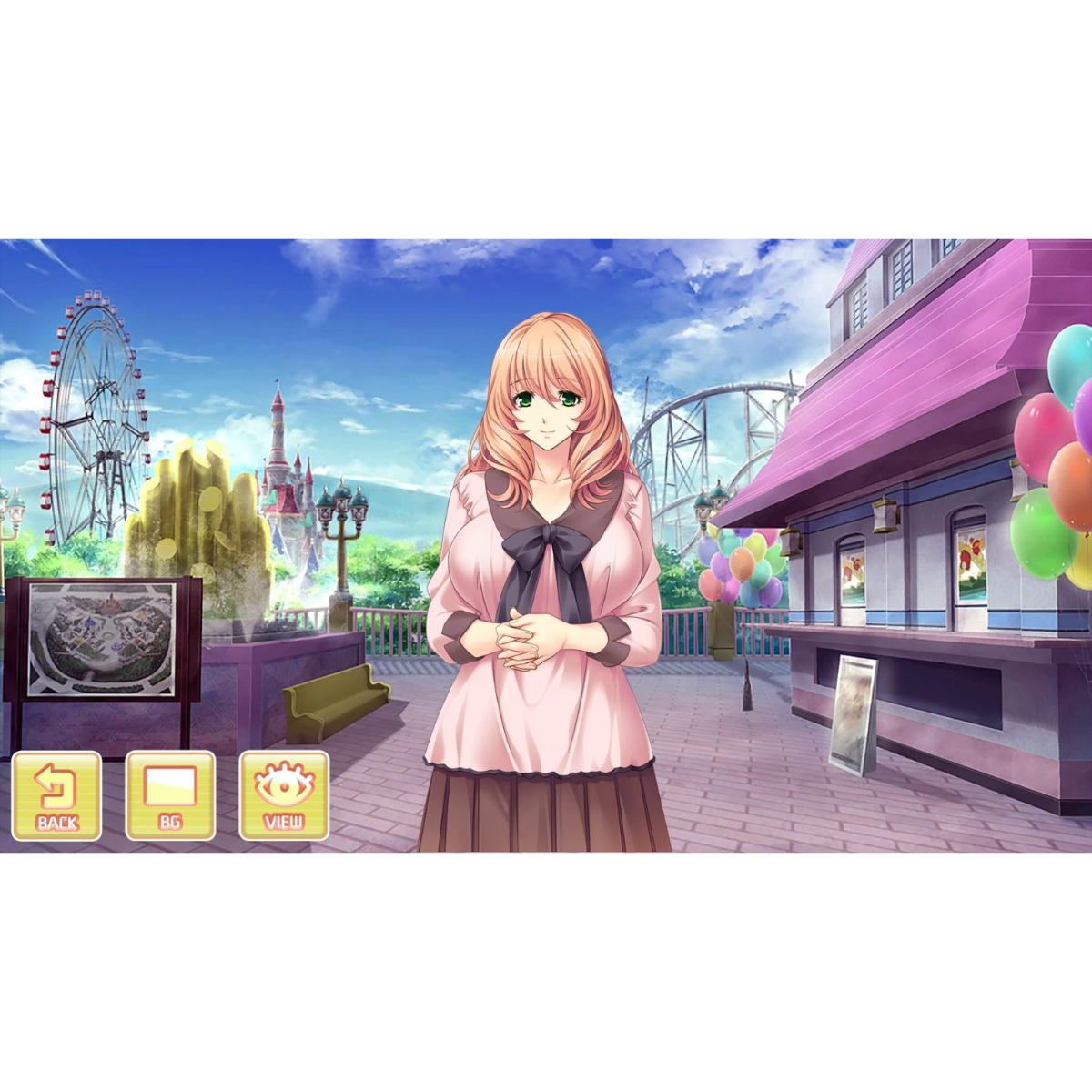 Chica anime en rosa con una noria y otras atracciones al fondo.