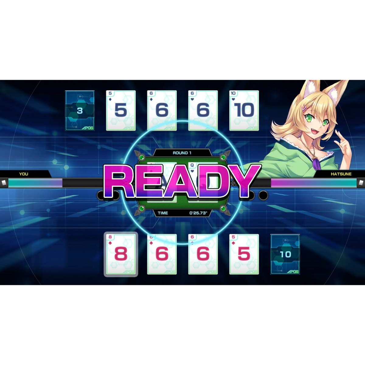 Una pantalla de juego muestra cartas y personajes de anime. La palabra 'READY' está en el centro.