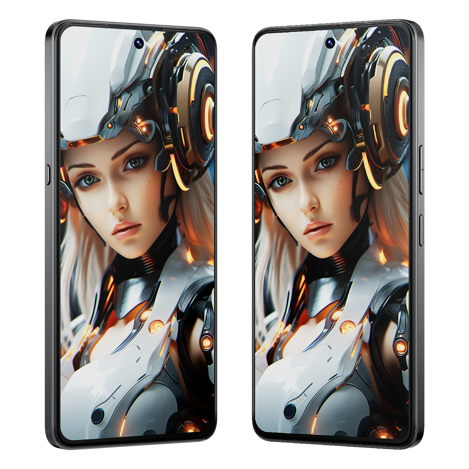 Dwa smartfony wyświetlające twarz kobiety z science fiction z futurystyczną zbroją i blond włosami.