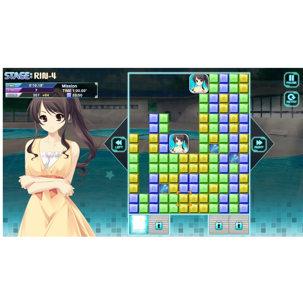 Captura de pantalla de un juego de rompecabezas con una chica con un vestido amarillo.