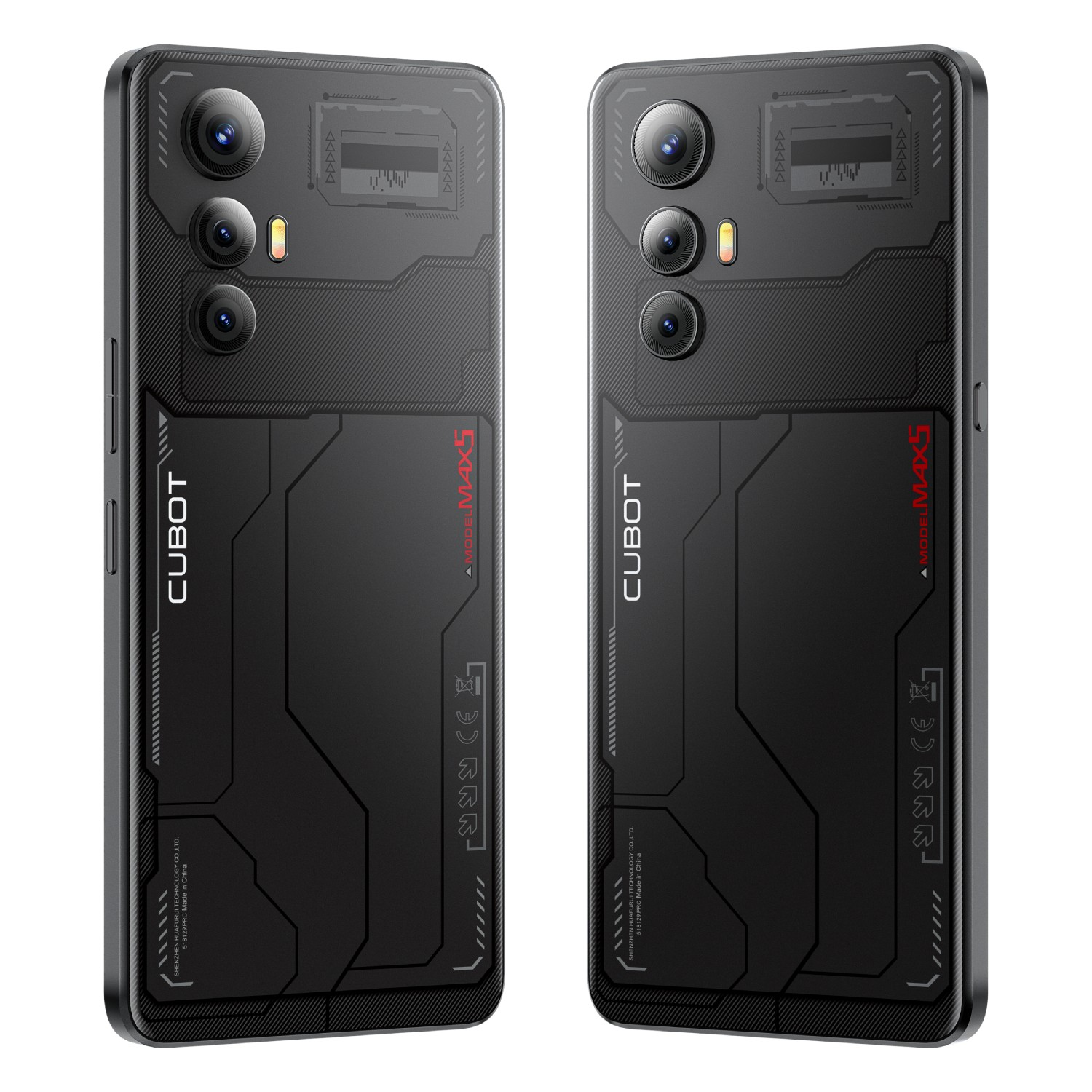 Dwa czarne smartfony o futurystycznym designie wyświetlane obok siebie.