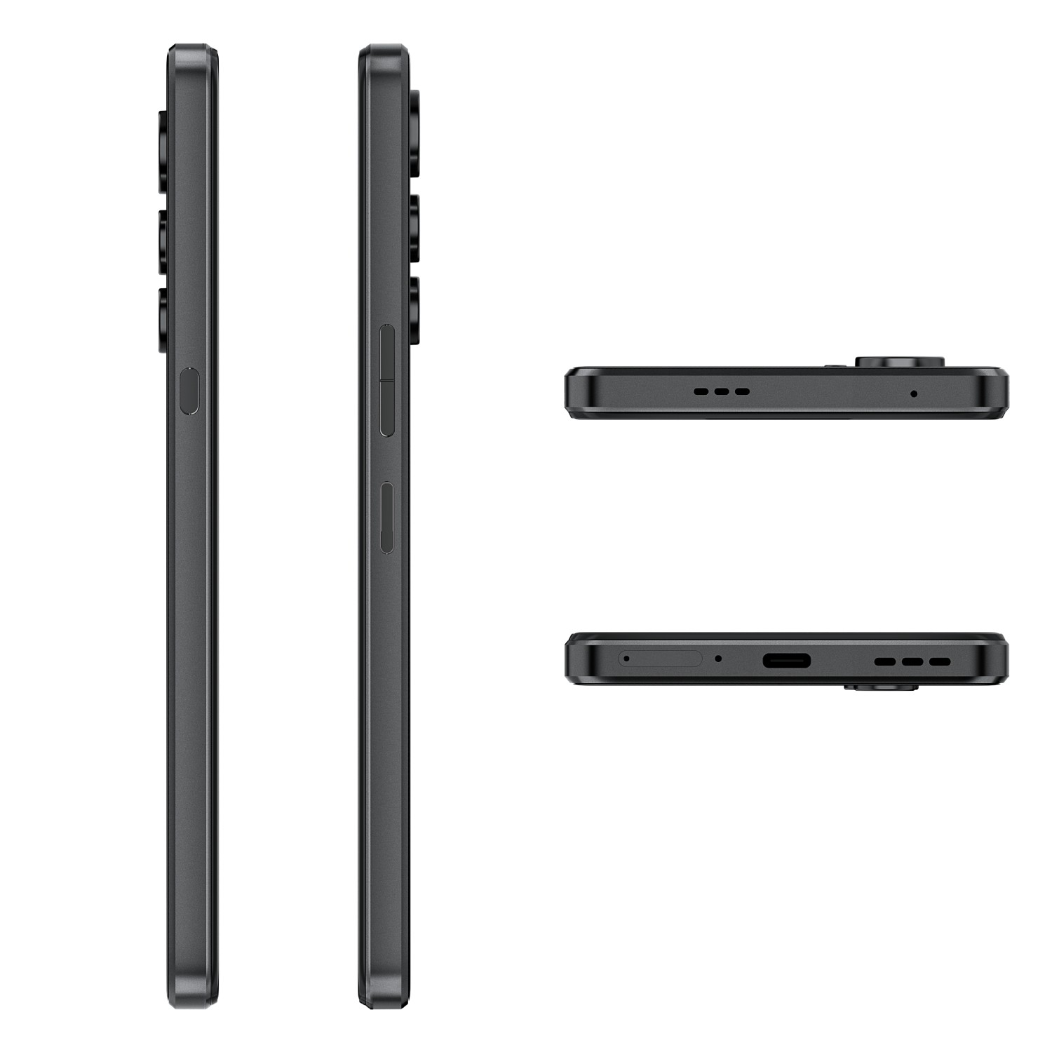 Widok z boku i z góry czarnego smartfona z wieloma aparatami i przyciskami.