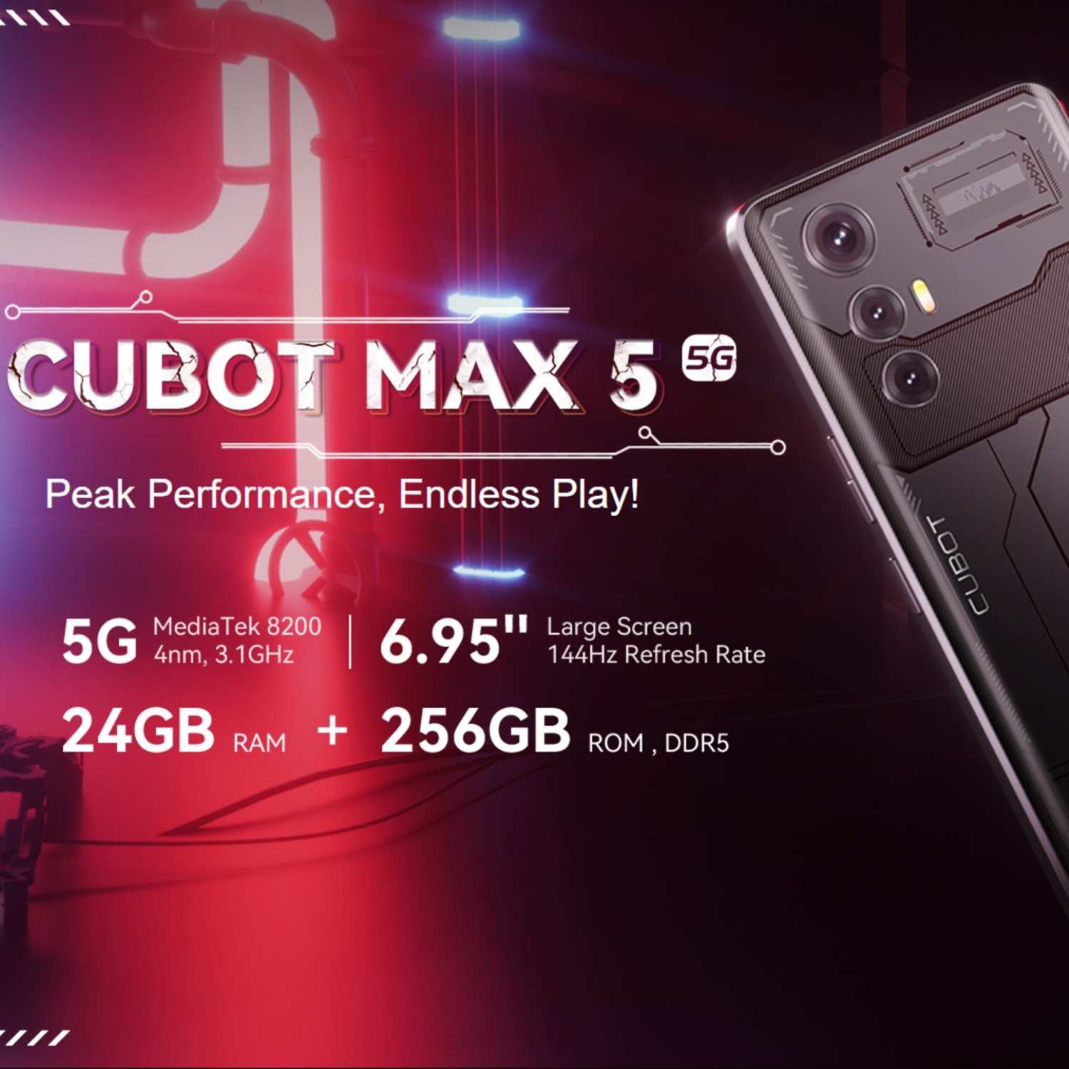 Czarny telefon z ekranem wyświetlającym tekst. Tekst brzmi: CUBOT MAX 5. Duży ekran. 24 GB RAM i 256 GB ROM.