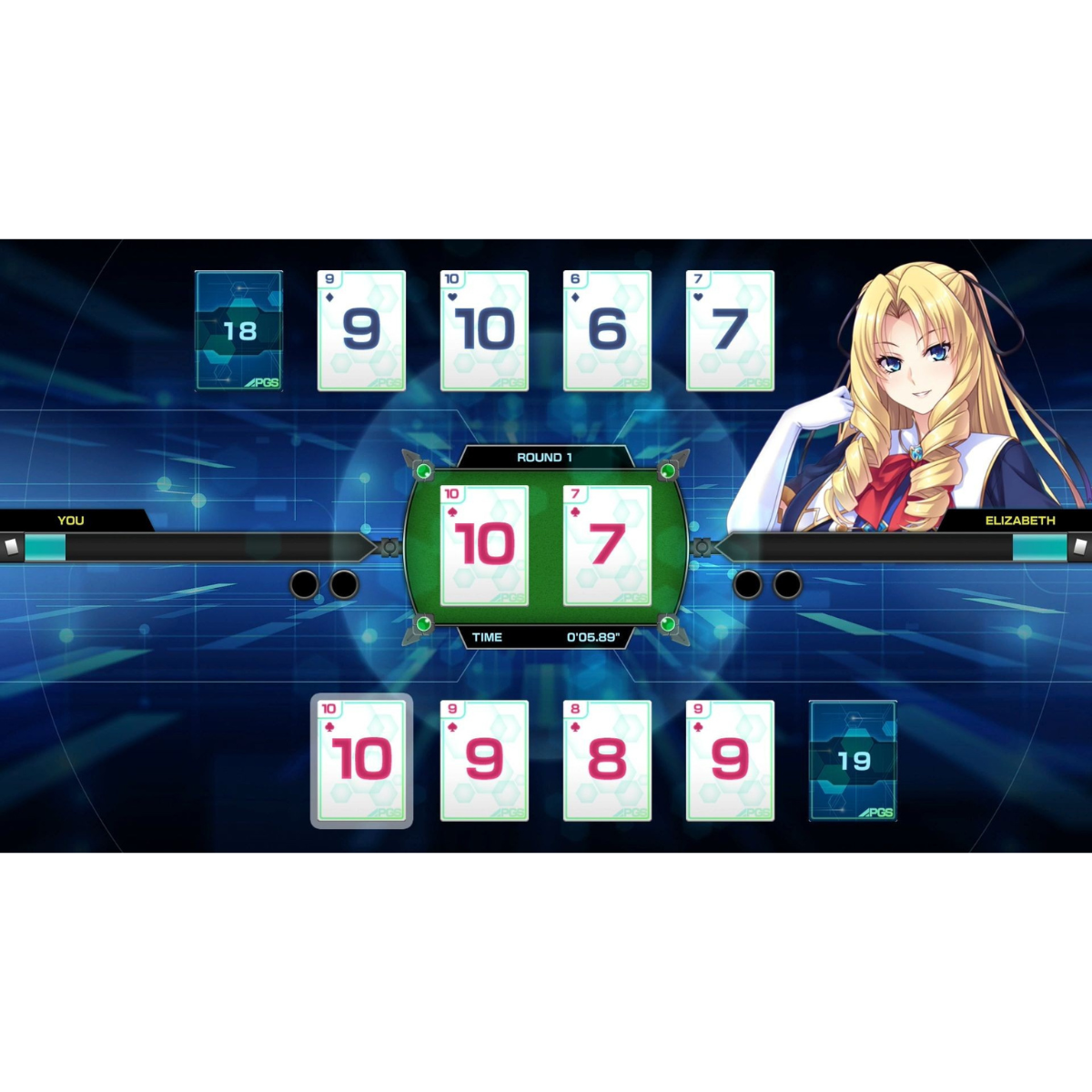 Interfaz de juego de cartas con chica anime; se muestran cartas, ronda actual y tiempo.