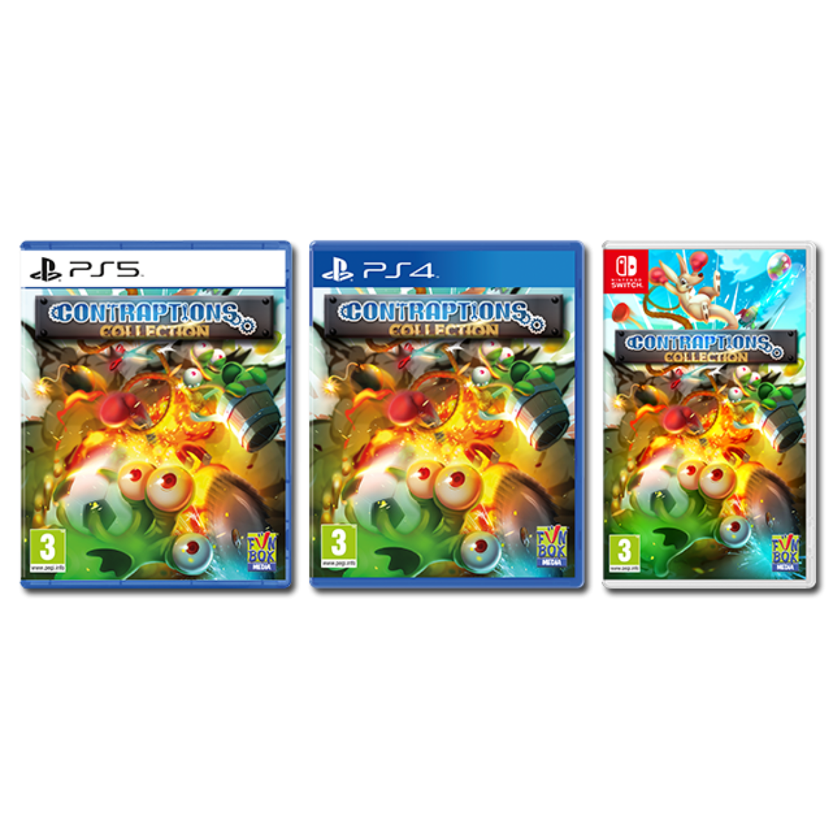 Tres cajas de juegos: PS5, PS4 y Nintendo Switch. Todas tienen arte de juego colorido similar.