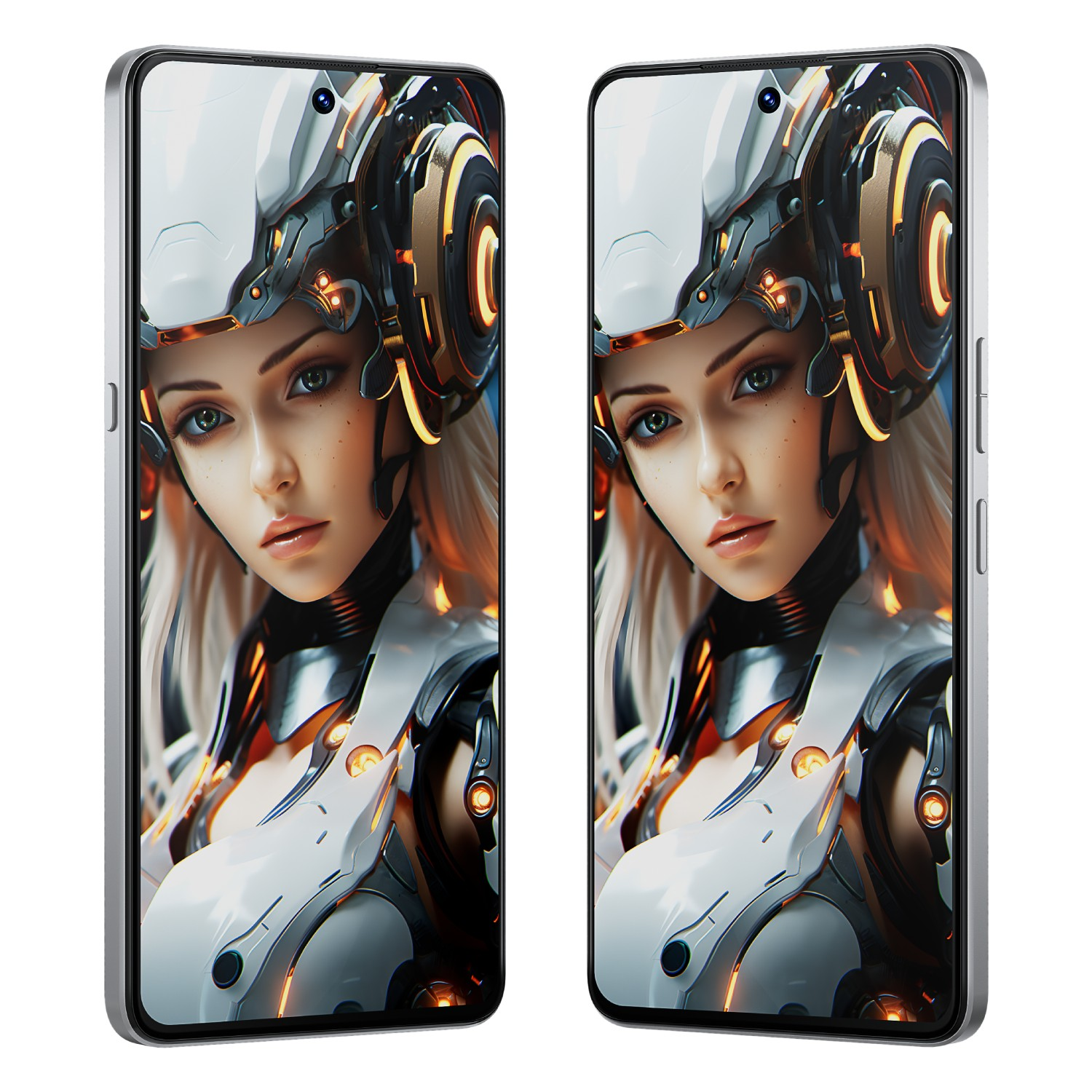 Dwa smartfony obok siebie, wyświetlające futurystyczny wizerunek kobiety na ekranie.