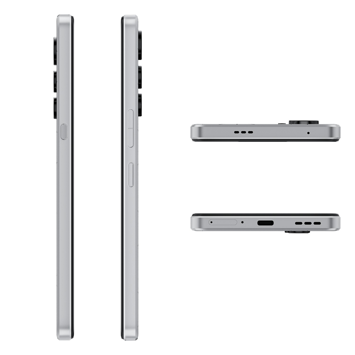 Telefon komórkowy z jasnoszarym tyłem i widokiem z boku. Trzy aparaty z tyłu, białe tło.