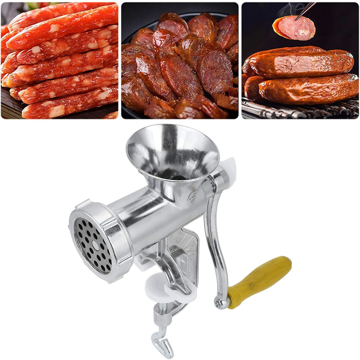Ein Fleischwolf mit Wurst oben. Der Wolf ist silber und schwarz mit gelbem Griff.