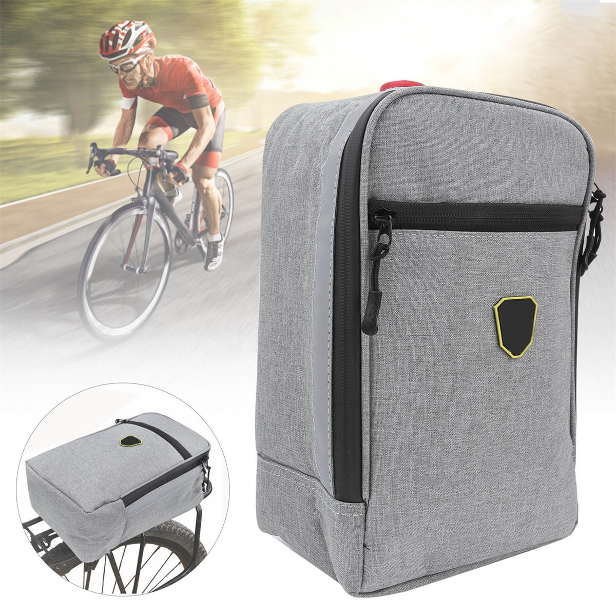 Ein Radfahrer fährt mit einer grauen Tasche und eine isolierte Tasche.