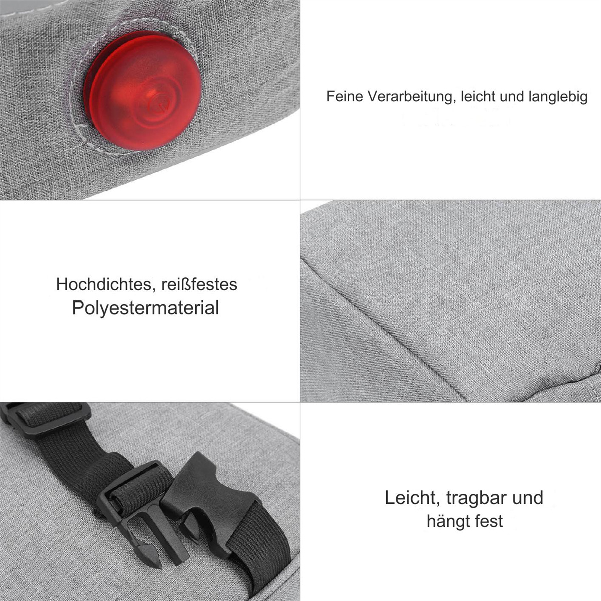 Eine graue Tasche mit rotem Knopf, schwarzem Riemen und Verschluss. Details zeigen Textur und Eigenschaften.