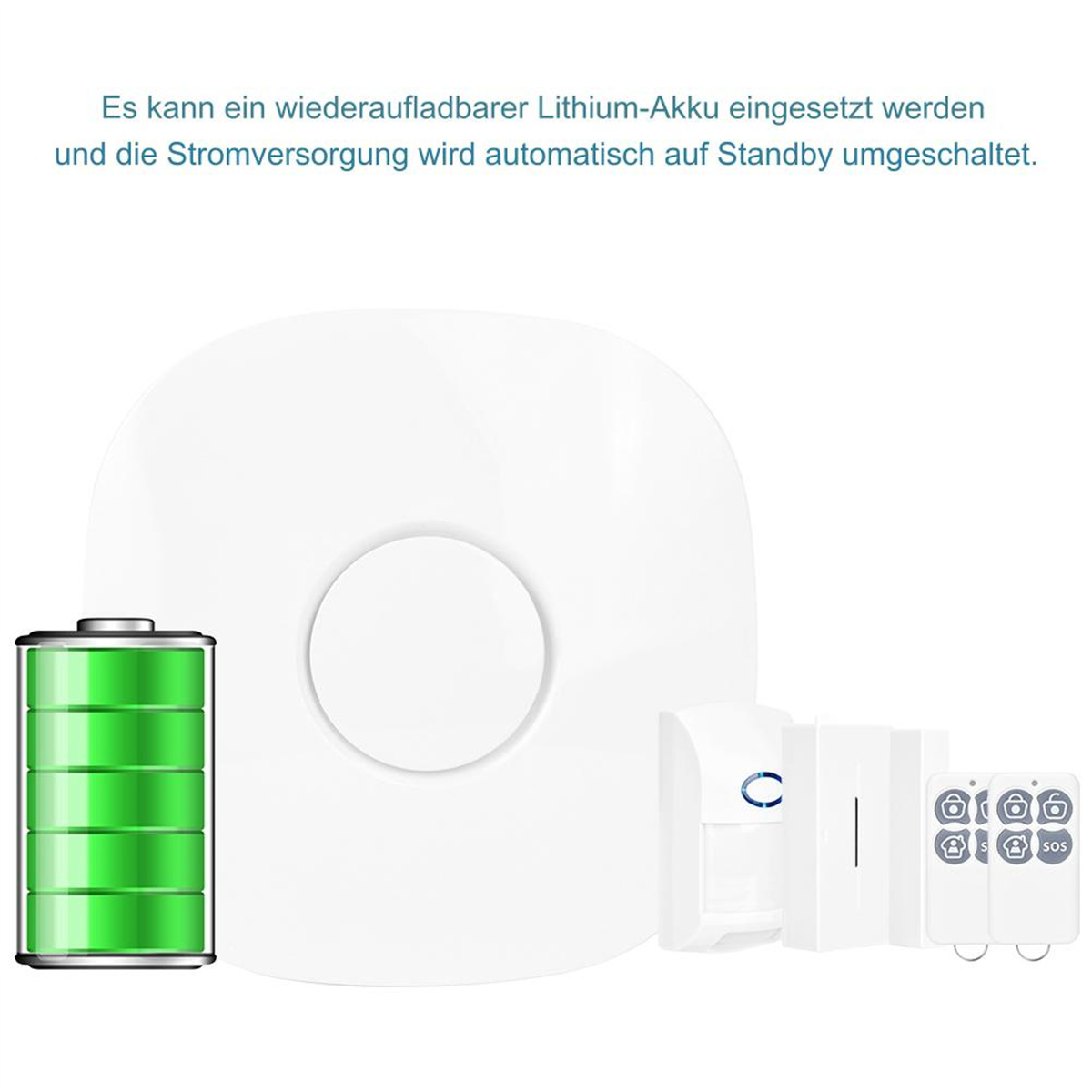 Weißes Sicherheitsgerät mit Akku, Bewegungssensor und Fernbedienung. Text: 'Es kann ein wiederaufladbarer Lithium-Akku eingesetzt werden'.