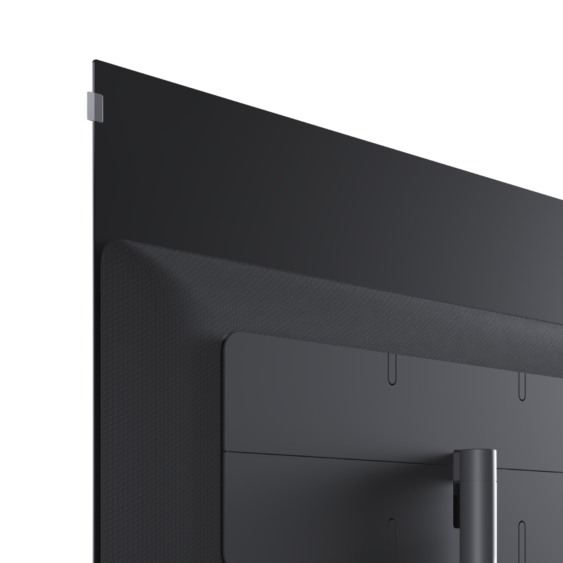 Tył czarnego telewizora, z teksturowanym tyłem i podstawą.