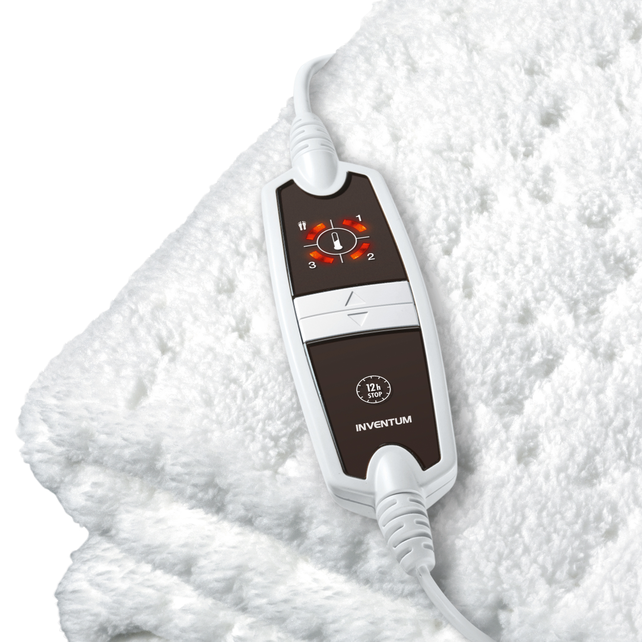 Close-up of a white heated blanket controller, showing temperature settings and a timer.