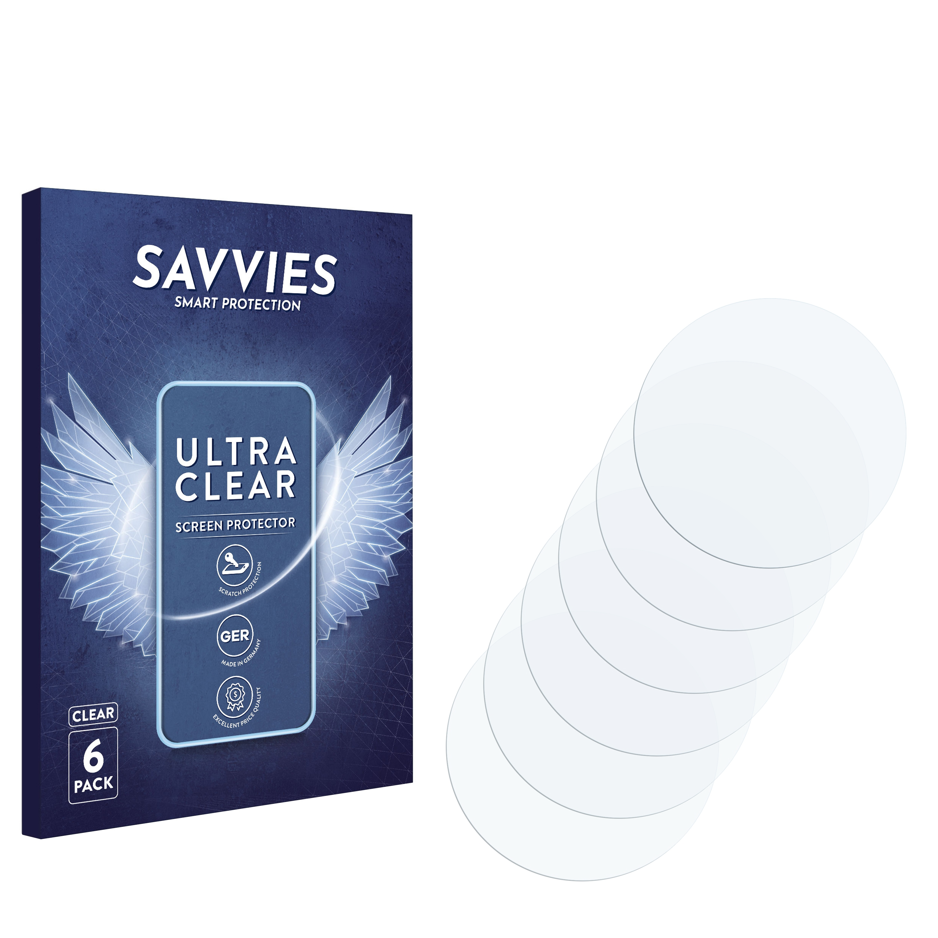Eine Packung Displayschutzfolien und sechs klare, kreisförmige Displayschutzfolien auf weißem Hintergrund.