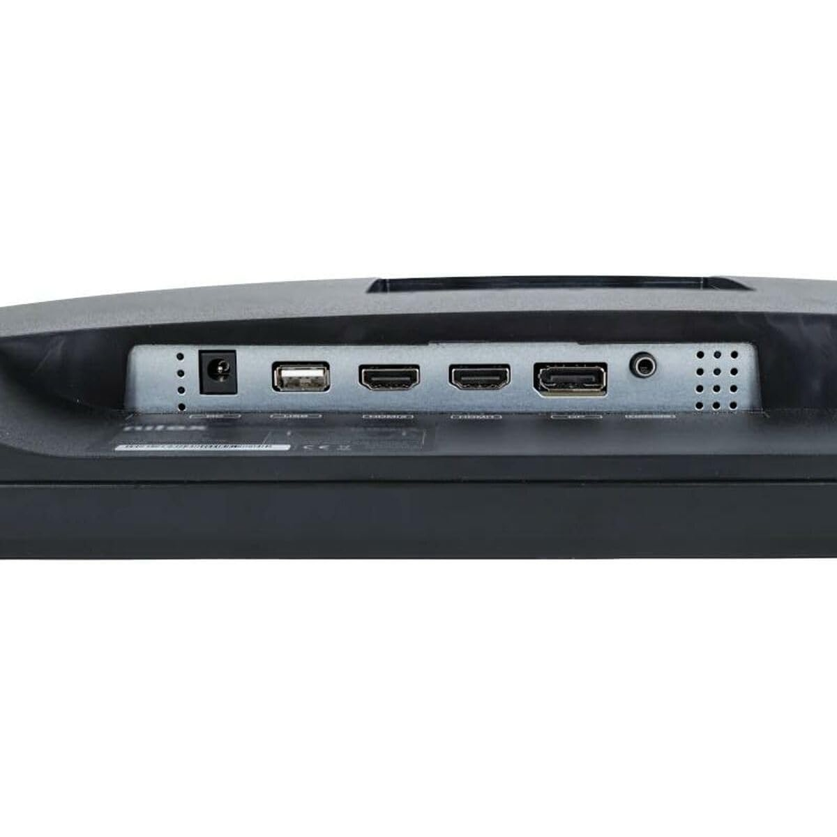 Vista trasera de un monitor con varios puertos USB, HDMI y alimentación, superficie negra.