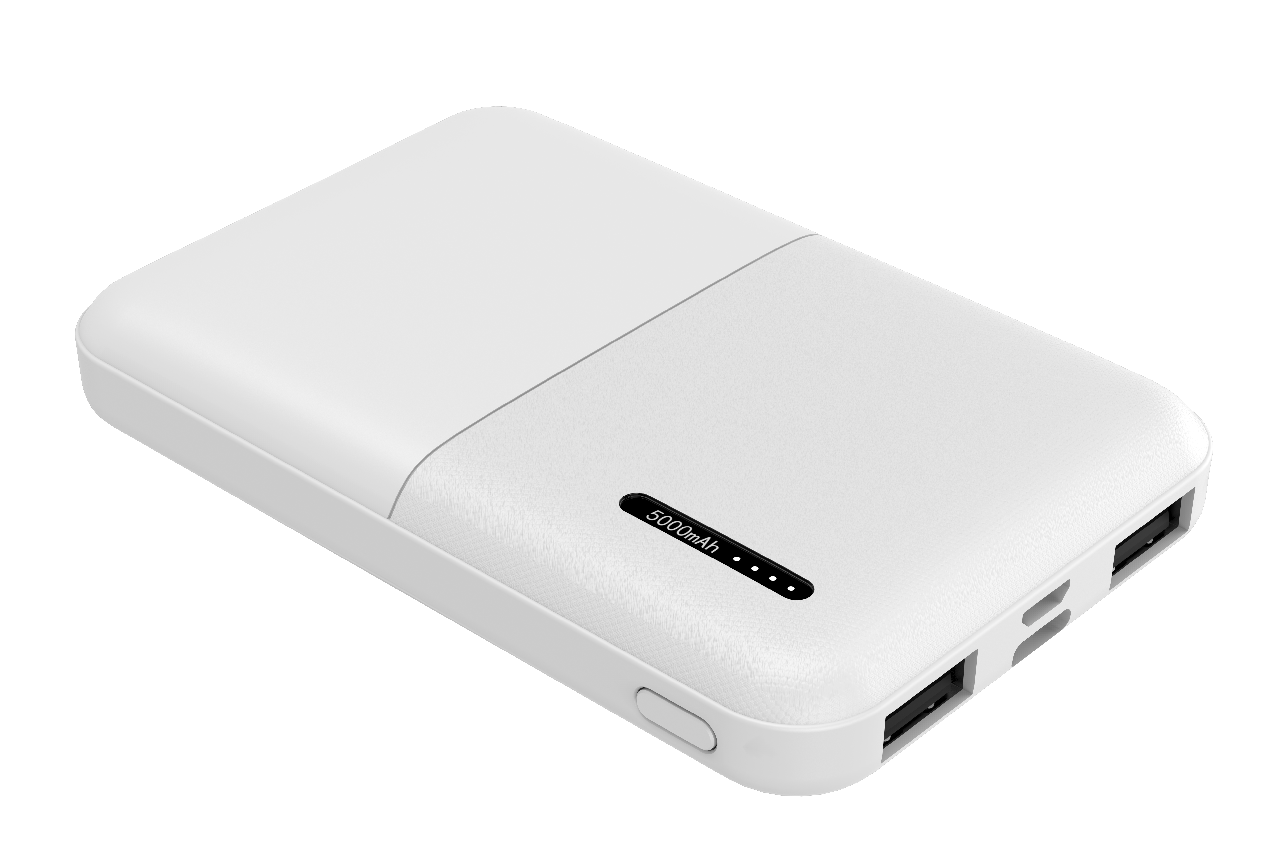 Un power bank bianco con superficie liscia. Ha un'etichetta da 5000 mAh e porte USB.