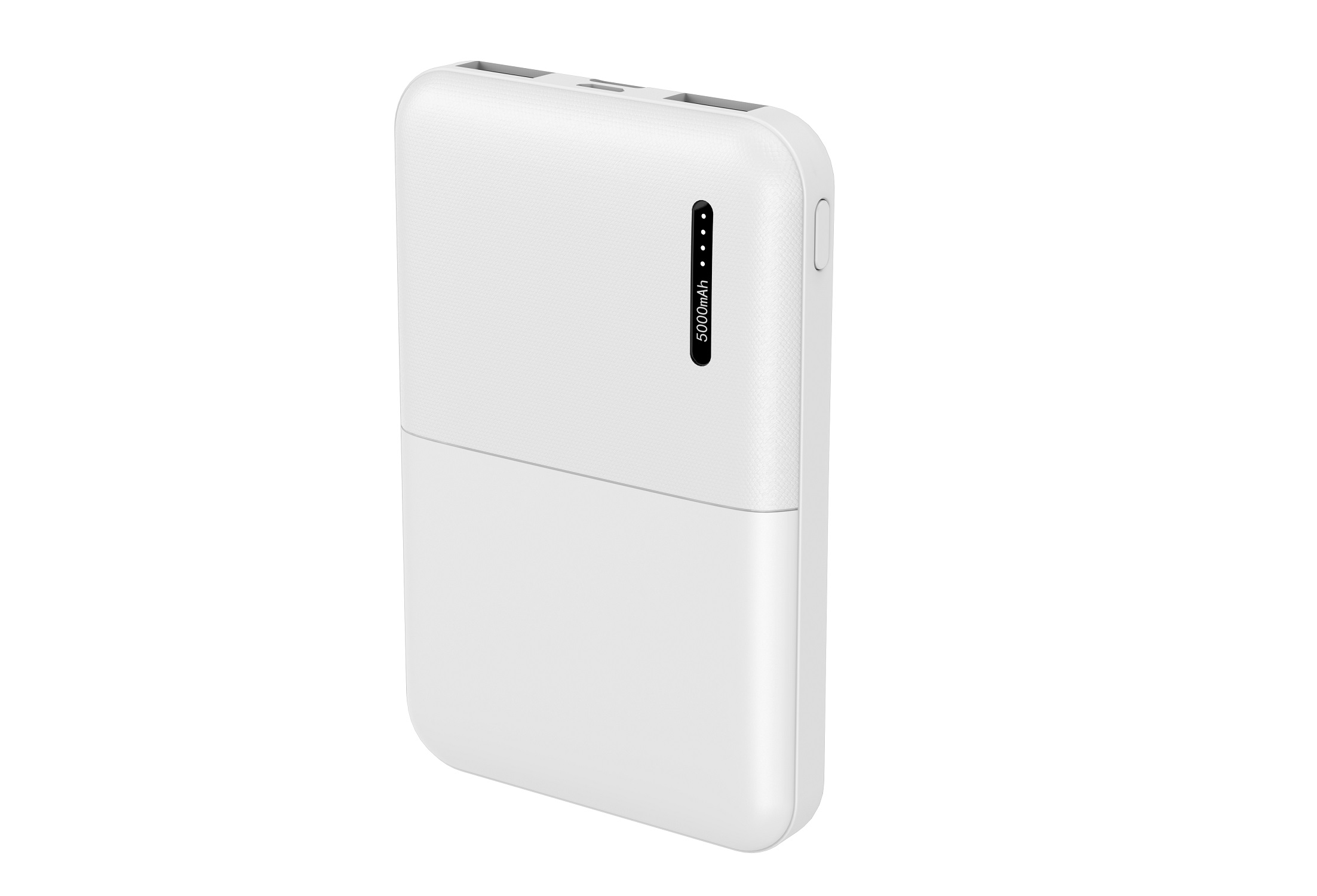 Un power bank bianco dal design semplice. Ha un indicatore di alimentazione e 5000mAh stampati sopra.