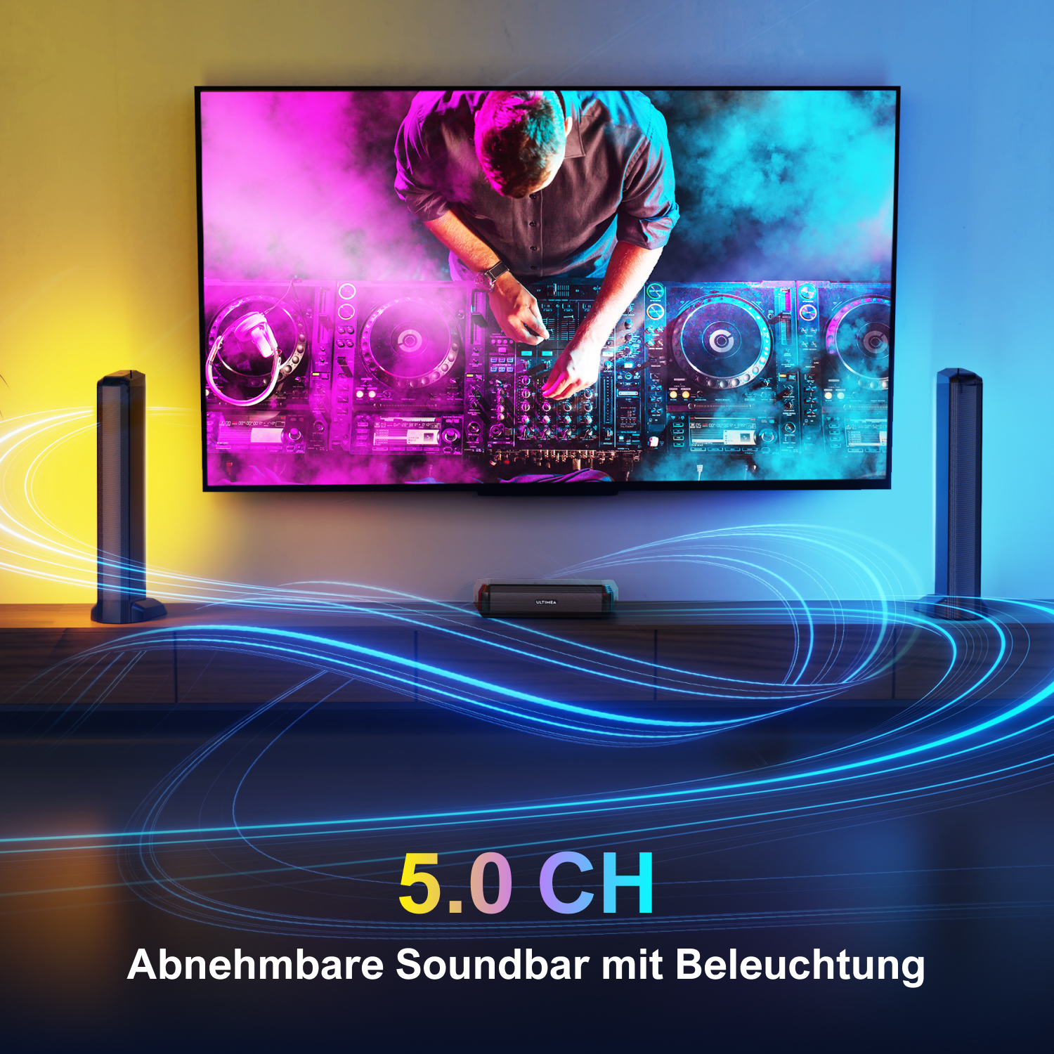 Ein DJ mixt Musik auf einem Tisch mit TV und Soundbars. Neonblaue Linien umgeben das Ganze.